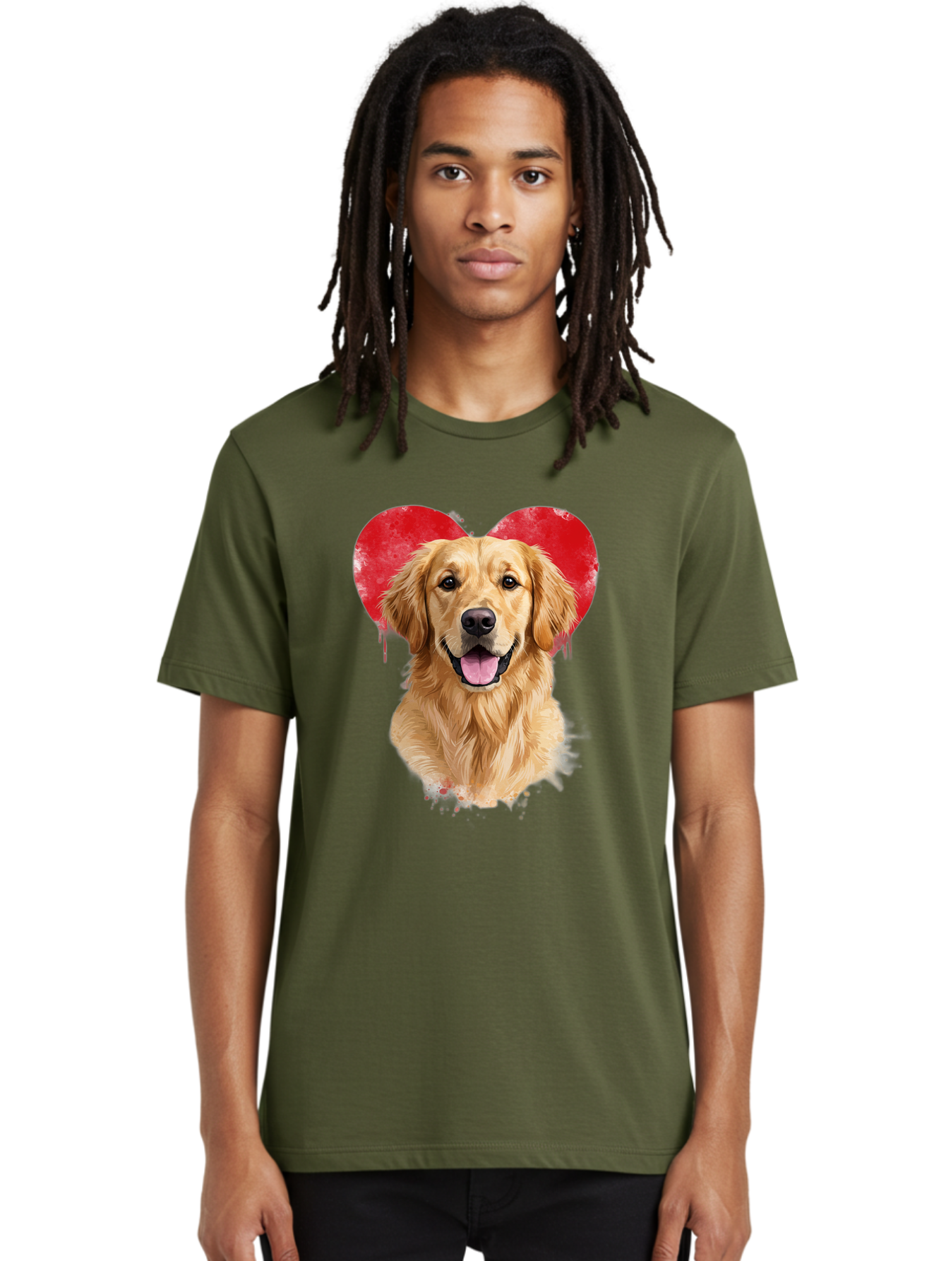 Golden-Retriever-With-Heart Men'S Graphic Tee, 100% Cotton, Comfortable Casual Summer Wear, Machine Washable, Golden Retriever, Dog Love, Red Heart, Dripping Paint, Cute Canine, Furry Friend, Heartwarming Moment, Loyal Companion, Happy Dog, Bac003