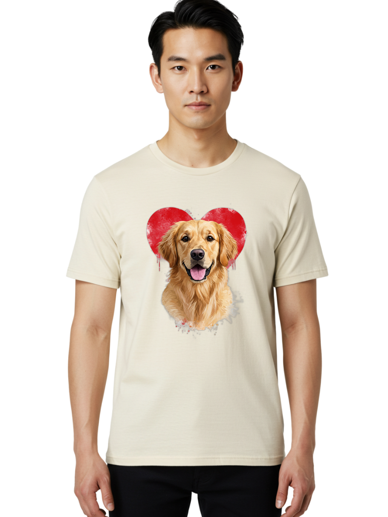Golden-Retriever-With-Heart Men'S Graphic Tee, 100% Cotton, Comfortable Casual Summer Wear, Machine Washable, Golden Retriever, Dog Love, Red Heart, Dripping Paint, Cute Canine, Furry Friend, Heartwarming Moment, Loyal Companion, Happy Dog, Bac003