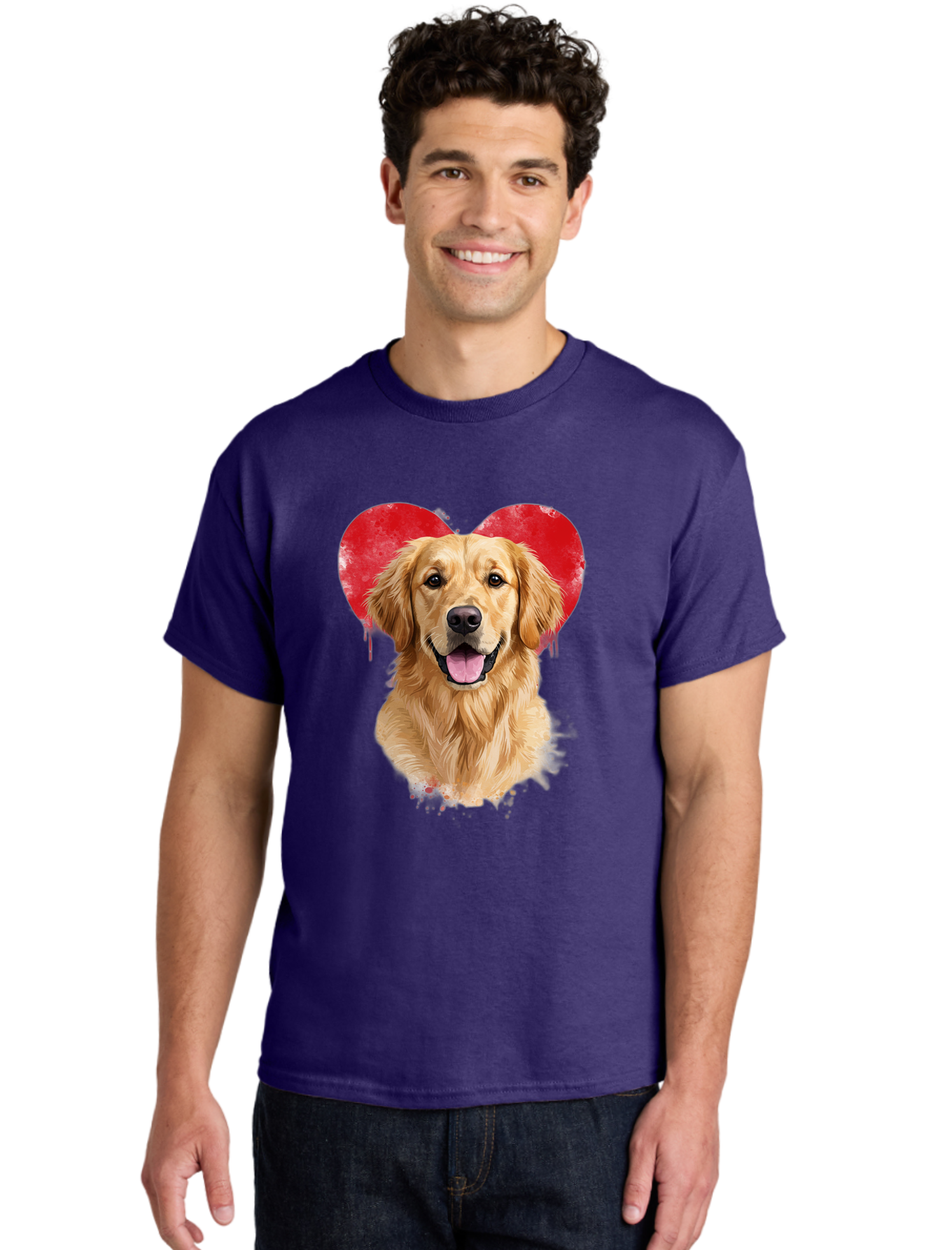 Golden-Retriever-With-Heart Men'S Graphic Tee, 100% Cotton, Comfortable Casual Summer Wear, Machine Washable, Golden Retriever, Dog Love, Red Heart, Dripping Paint, Cute Canine, Furry Friend, Heartwarming Moment, Loyal Companion, Happy Dog, Bac003