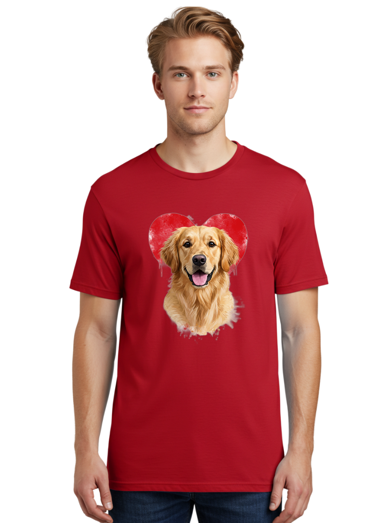 Golden-Retriever-With-Heart Men'S Graphic Tee, 100% Cotton, Comfortable Casual Summer Wear, Machine Washable, Golden Retriever, Dog Love, Red Heart, Dripping Paint, Cute Canine, Furry Friend, Heartwarming Moment, Loyal Companion, Happy Dog, Bac003