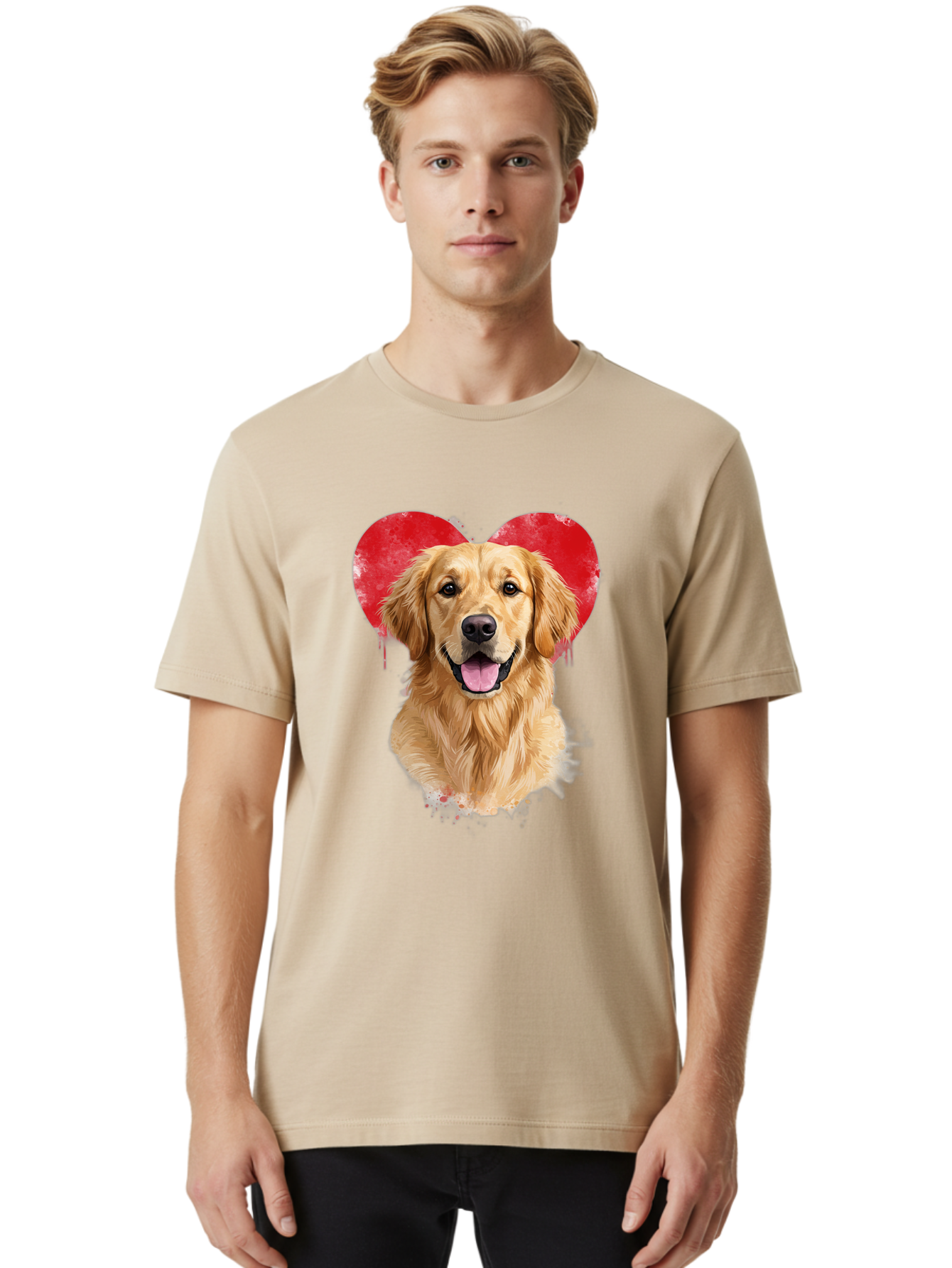 Golden-Retriever-With-Heart Men'S Graphic Tee, 100% Cotton, Comfortable Casual Summer Wear, Machine Washable, Golden Retriever, Dog Love, Red Heart, Dripping Paint, Cute Canine, Furry Friend, Heartwarming Moment, Loyal Companion, Happy Dog, Bac003