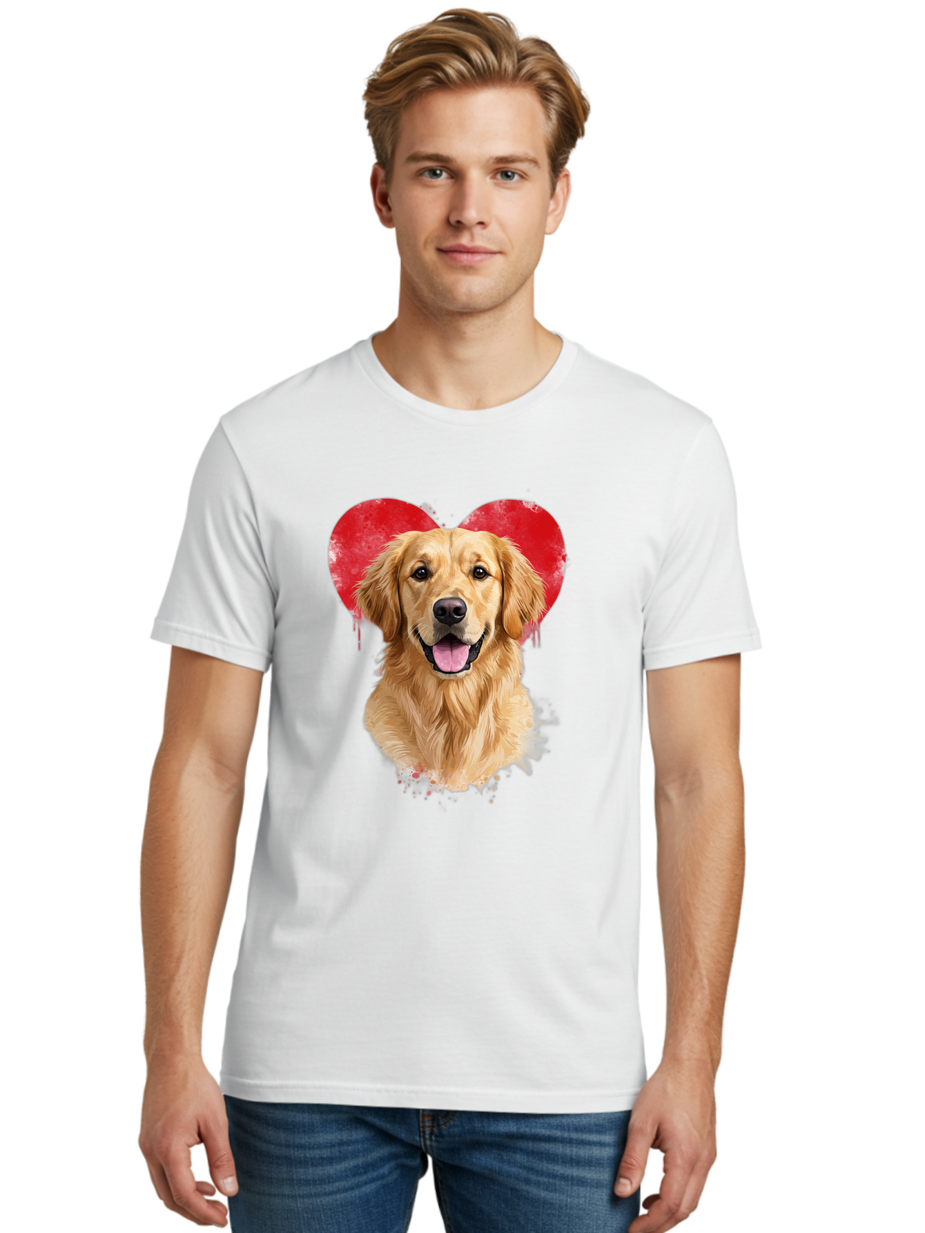 Golden-Retriever-With-Heart Men'S Graphic Tee, 100% Cotton, Comfortable Casual Summer Wear, Machine Washable, Golden Retriever, Dog Love, Red Heart, Dripping Paint, Cute Canine, Furry Friend, Heartwarming Moment, Loyal Companion, Happy Dog, Bac003