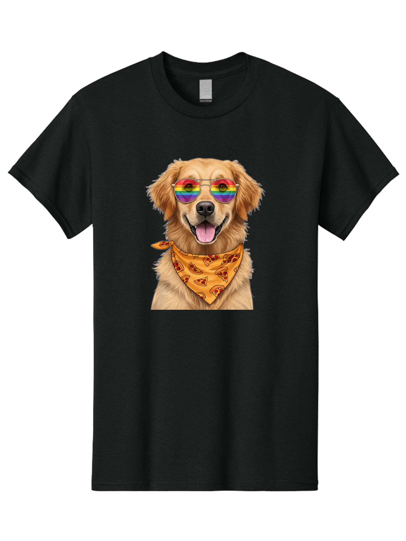 Golden-Retriever-With-Sunglasses-1 Men'S Graphic Tee, 100% Cotton, Comfortable Casual Summer Wear, Machine Washable, Funny Dog, Golden Retriever, Rainbow Sunglasses, Trendy Accessories, Pizza Bandana, Cool Canine, Playful Pet Bac004