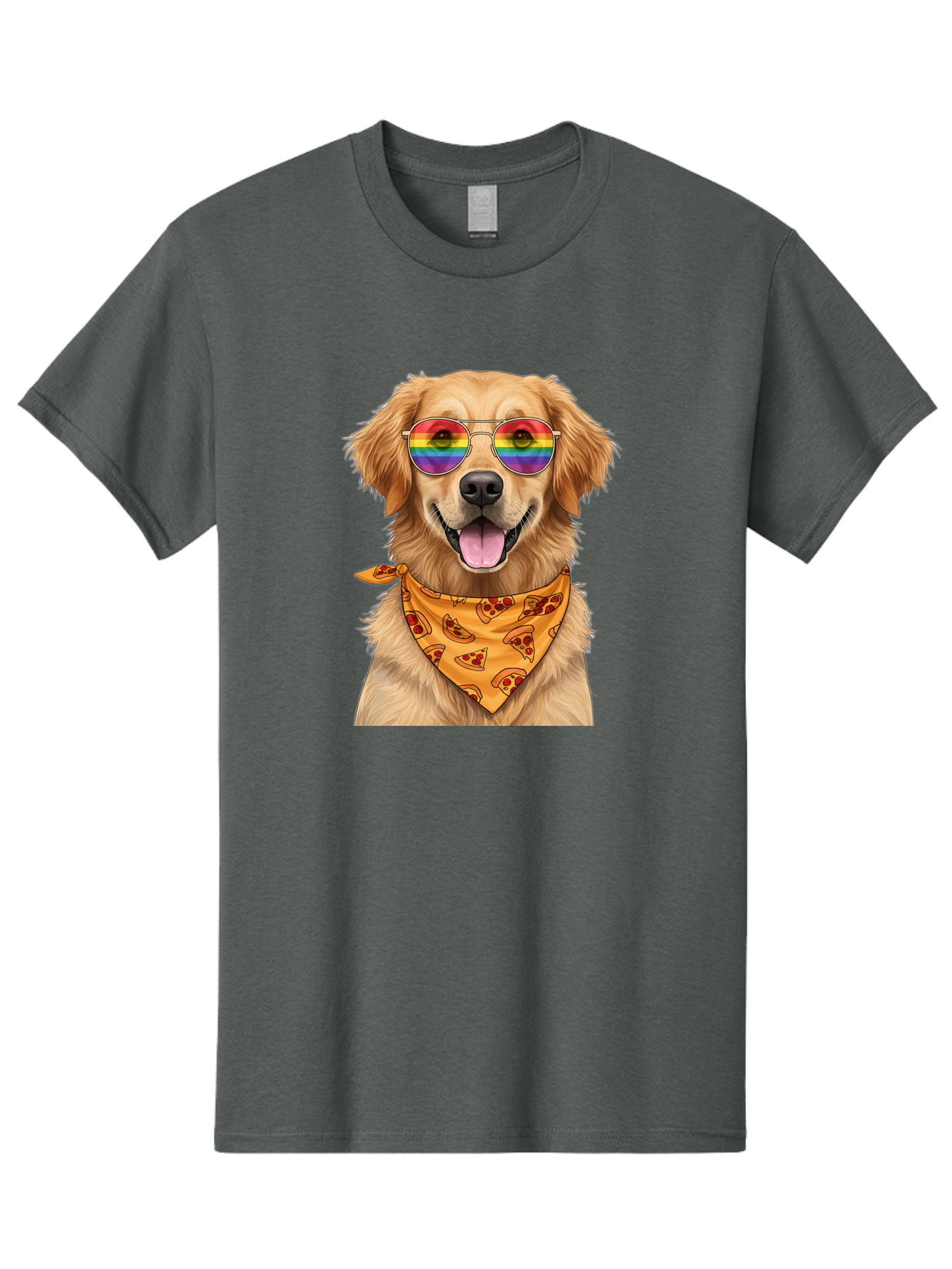 Golden-Retriever-With-Sunglasses-1 Men'S Graphic Tee, 100% Cotton, Comfortable Casual Summer Wear, Machine Washable, Funny Dog, Golden Retriever, Rainbow Sunglasses, Trendy Accessories, Pizza Bandana, Cool Canine, Playful Pet Bac004