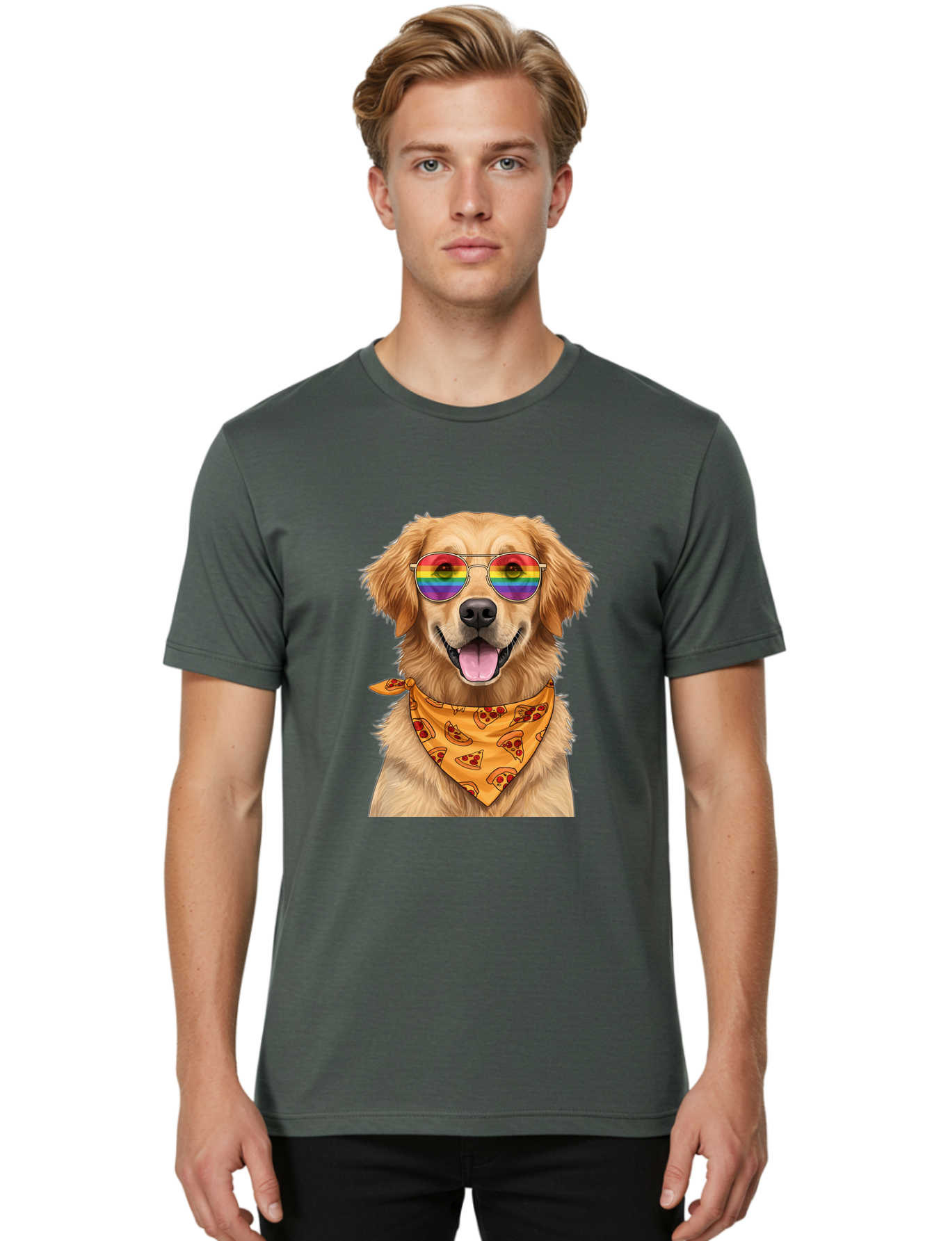 Golden-Retriever-With-Sunglasses-1 Men'S Graphic Tee, 100% Cotton, Comfortable Casual Summer Wear, Machine Washable, Funny Dog, Golden Retriever, Rainbow Sunglasses, Trendy Accessories, Pizza Bandana, Cool Canine, Playful Pet Bac004