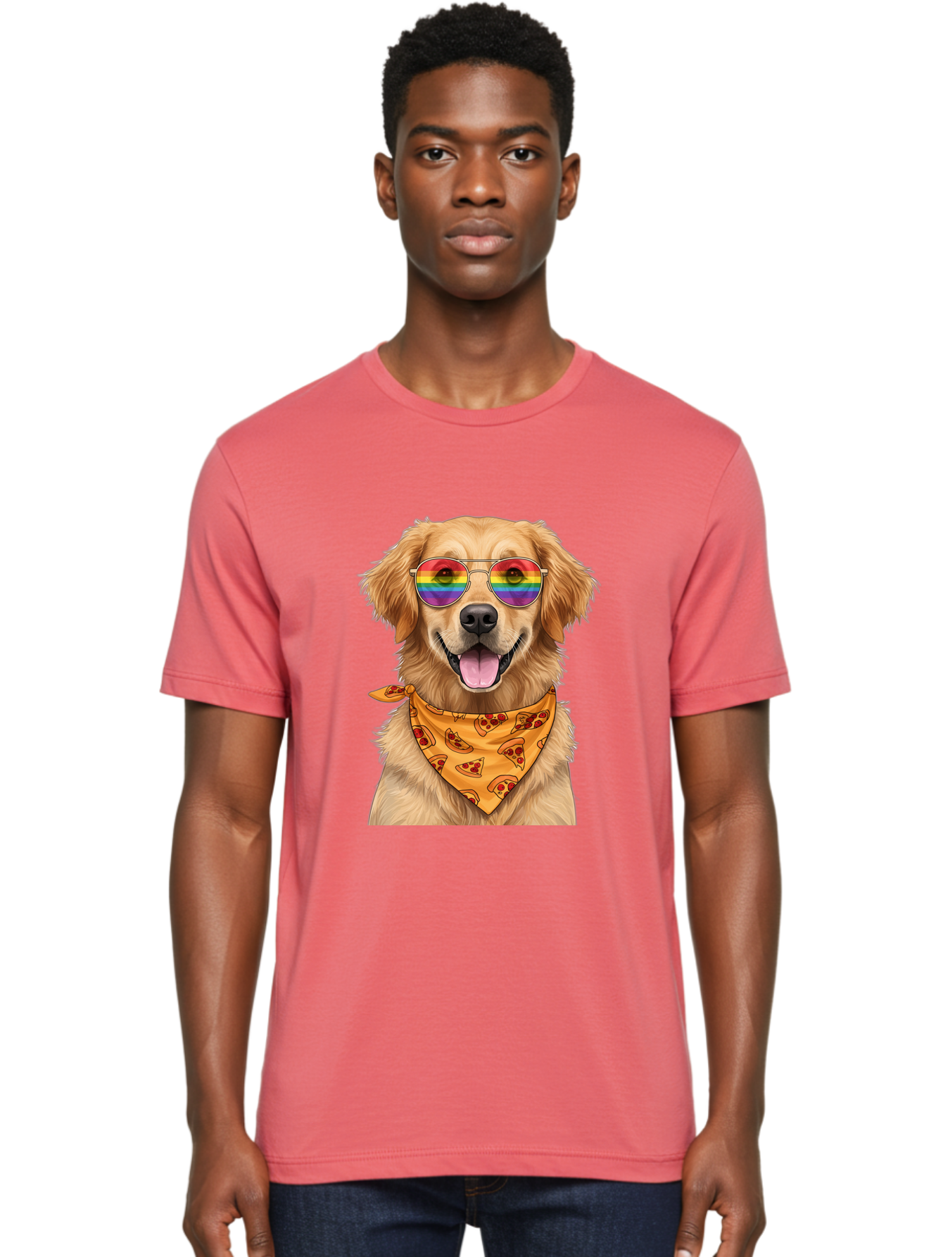 Golden-Retriever-With-Sunglasses-1 Men'S Graphic Tee, 100% Cotton, Comfortable Casual Summer Wear, Machine Washable, Funny Dog, Golden Retriever, Rainbow Sunglasses, Trendy Accessories, Pizza Bandana, Cool Canine, Playful Pet Bac004