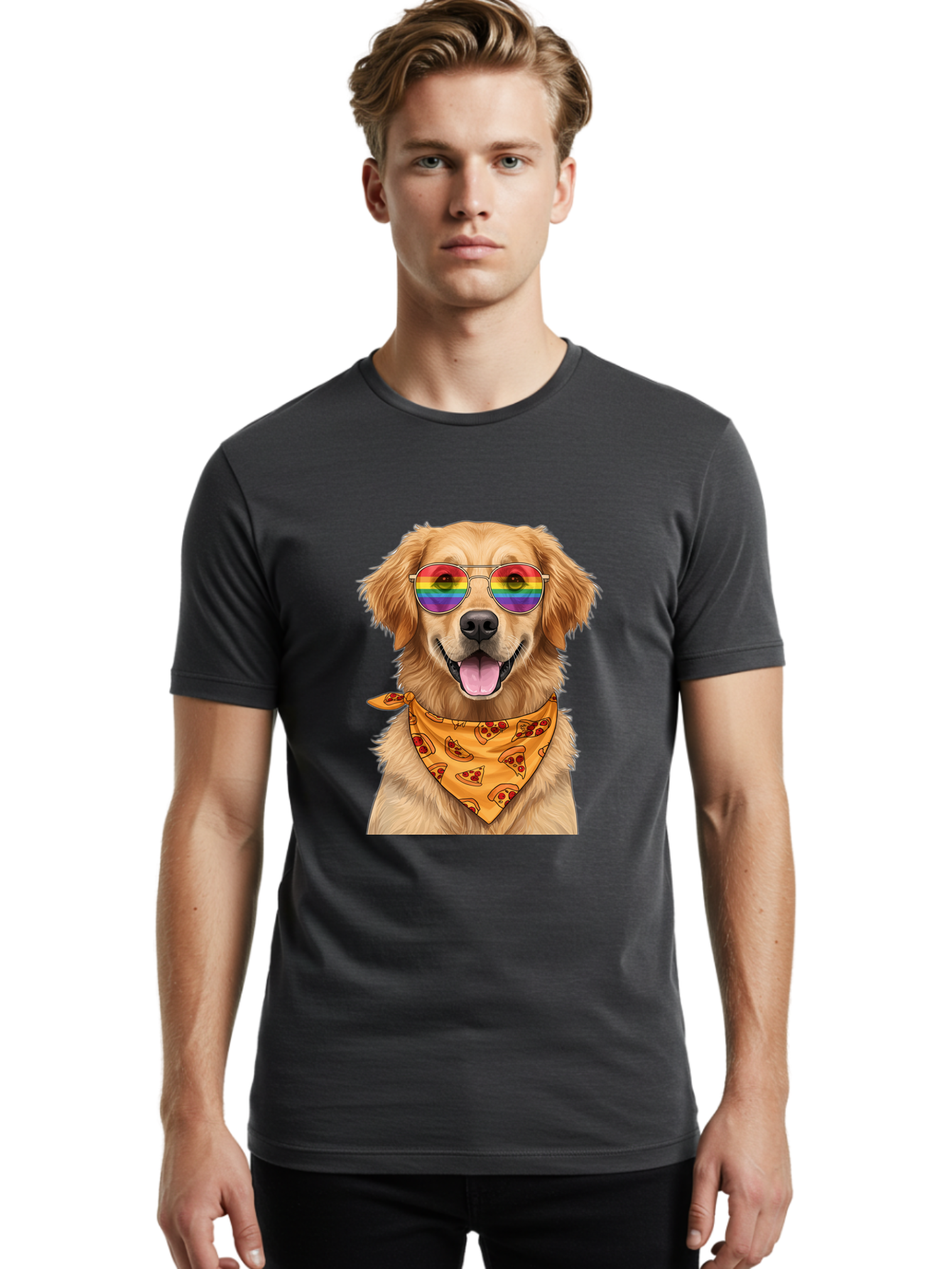 Golden-Retriever-With-Sunglasses-1 Men'S Graphic Tee, 100% Cotton, Comfortable Casual Summer Wear, Machine Washable, Funny Dog, Golden Retriever, Rainbow Sunglasses, Trendy Accessories, Pizza Bandana, Cool Canine, Playful Pet Bac004
