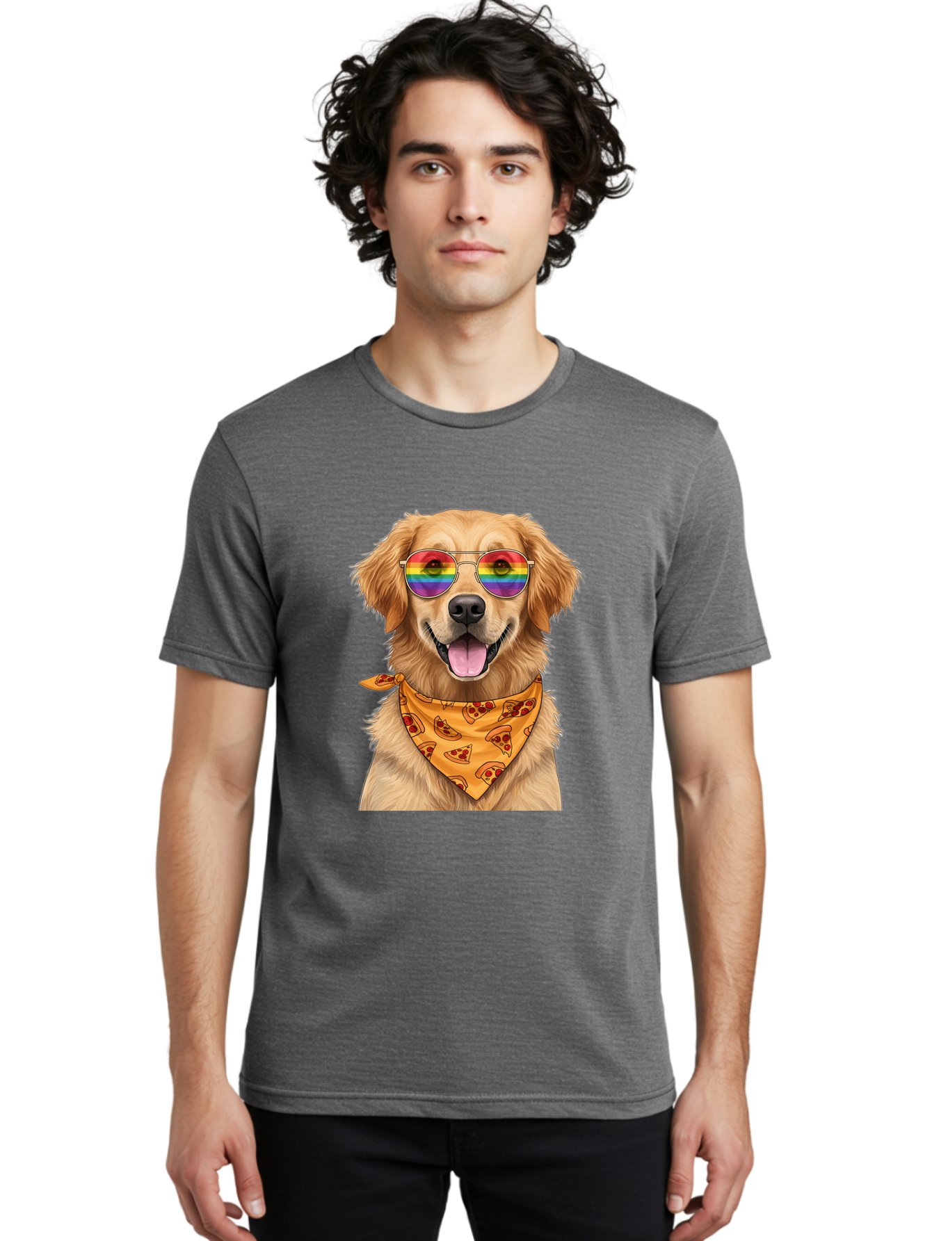 Golden-Retriever-With-Sunglasses-1 Men'S Graphic Tee, 100% Cotton, Comfortable Casual Summer Wear, Machine Washable, Funny Dog, Golden Retriever, Rainbow Sunglasses, Trendy Accessories, Pizza Bandana, Cool Canine, Playful Pet Bac004