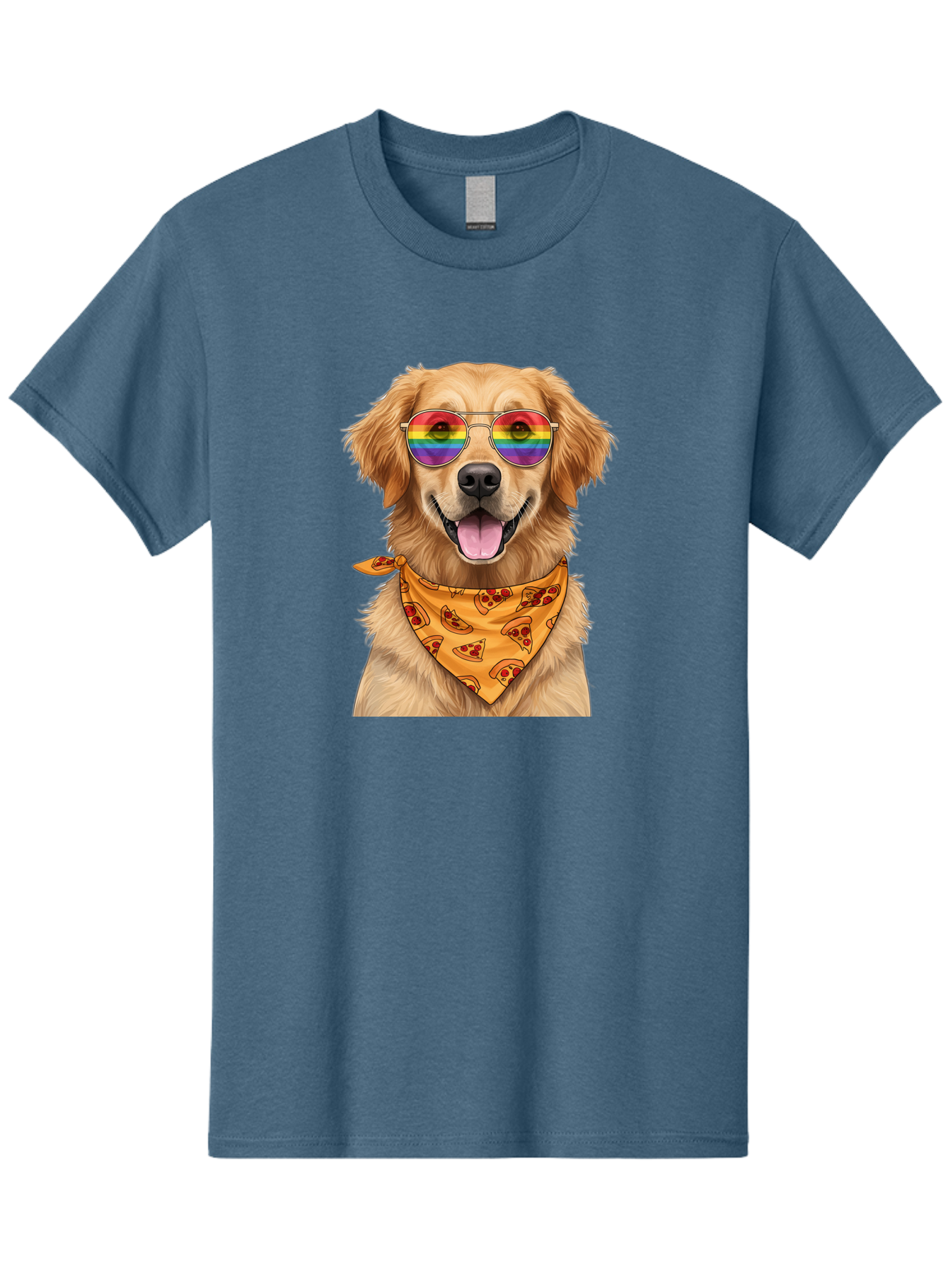 Golden-Retriever-With-Sunglasses-1 Men'S Graphic Tee, 100% Cotton, Comfortable Casual Summer Wear, Machine Washable, Funny Dog, Golden Retriever, Rainbow Sunglasses, Trendy Accessories, Pizza Bandana, Cool Canine, Playful Pet Bac004