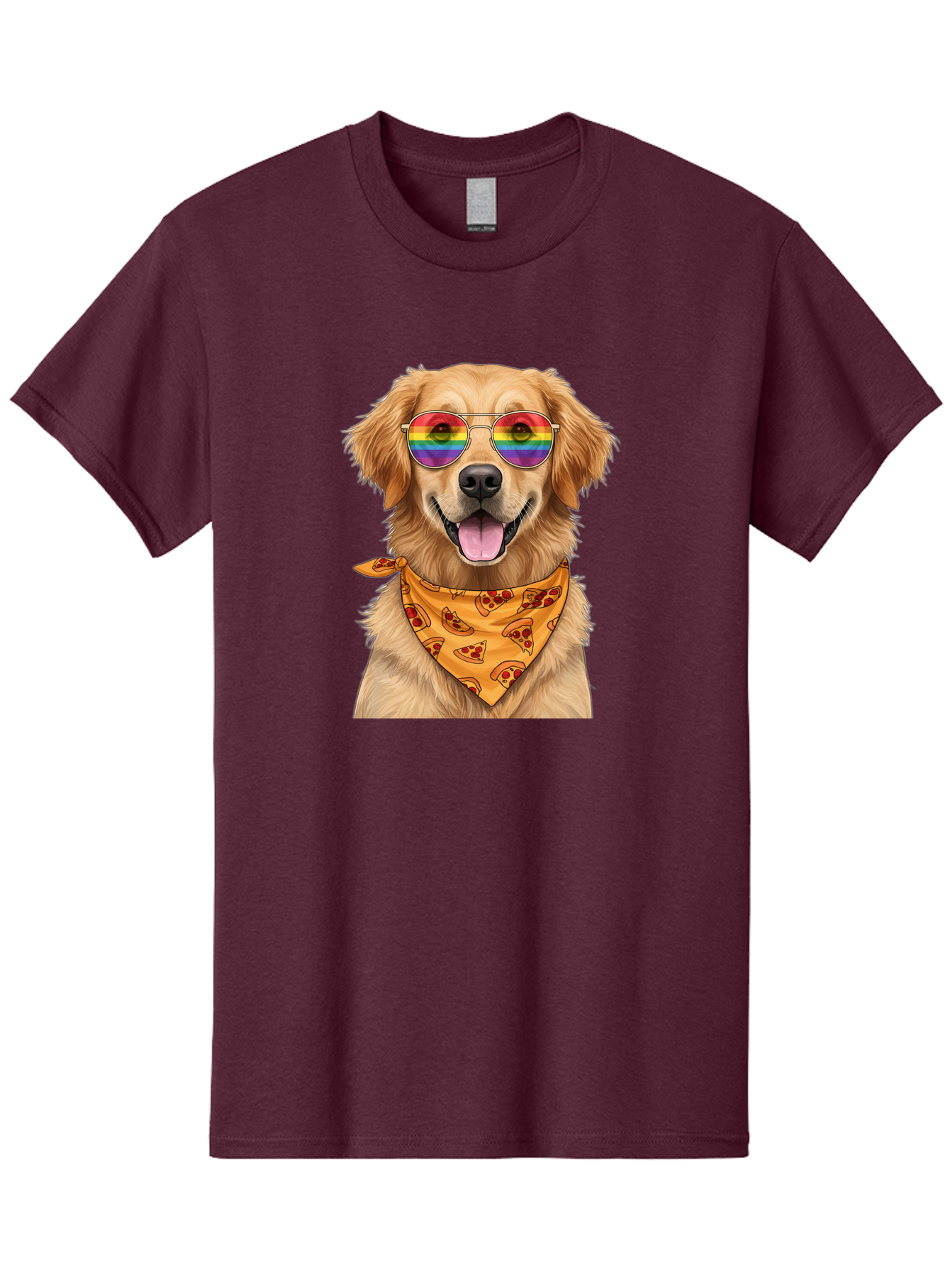 Golden-Retriever-With-Sunglasses-1 Men'S Graphic Tee, 100% Cotton, Comfortable Casual Summer Wear, Machine Washable, Funny Dog, Golden Retriever, Rainbow Sunglasses, Trendy Accessories, Pizza Bandana, Cool Canine, Playful Pet Bac004