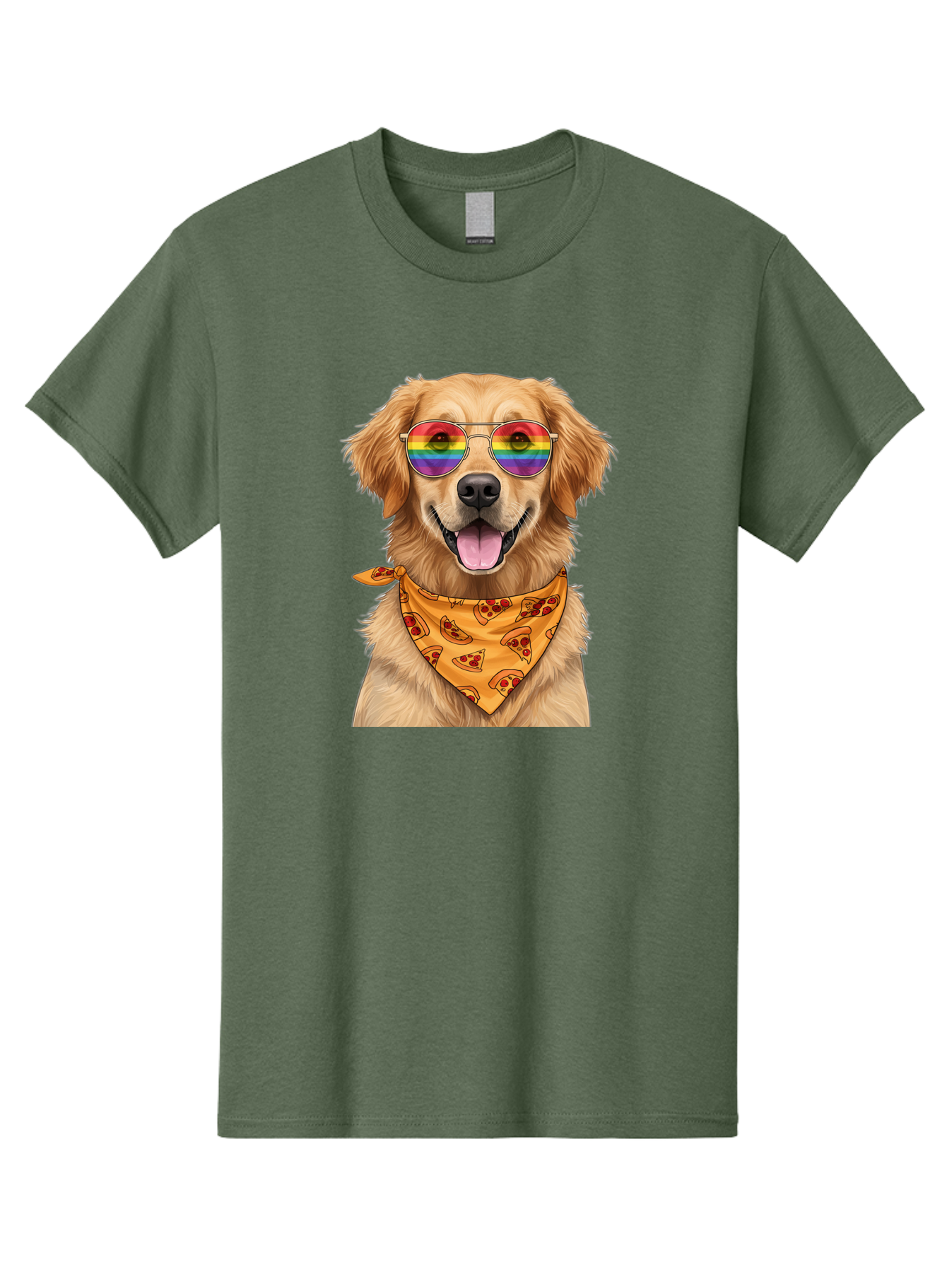 Golden-Retriever-With-Sunglasses-1 Men'S Graphic Tee, 100% Cotton, Comfortable Casual Summer Wear, Machine Washable, Funny Dog, Golden Retriever, Rainbow Sunglasses, Trendy Accessories, Pizza Bandana, Cool Canine, Playful Pet Bac004