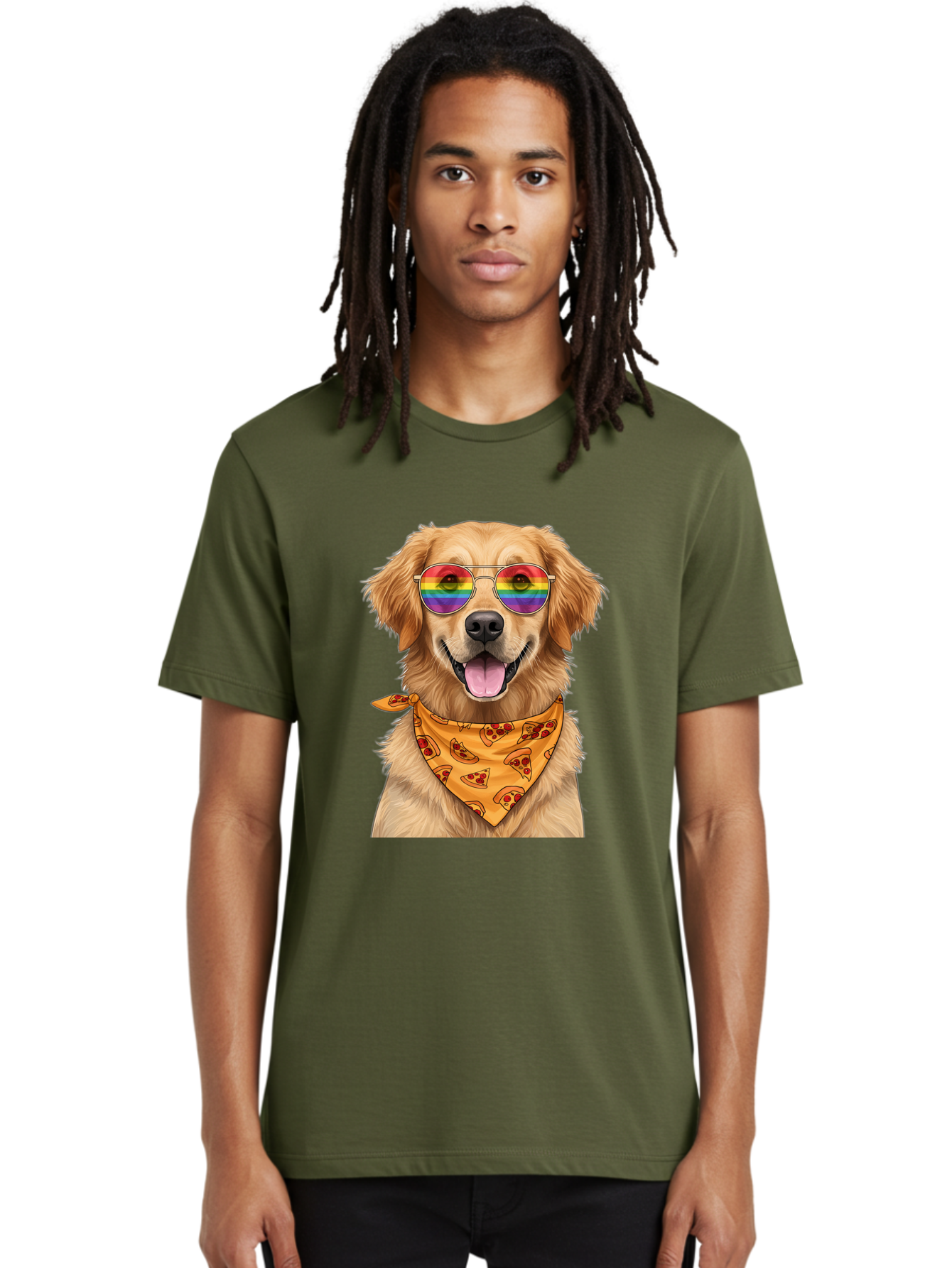 Golden-Retriever-With-Sunglasses-1 Men'S Graphic Tee, 100% Cotton, Comfortable Casual Summer Wear, Machine Washable, Funny Dog, Golden Retriever, Rainbow Sunglasses, Trendy Accessories, Pizza Bandana, Cool Canine, Playful Pet Bac004
