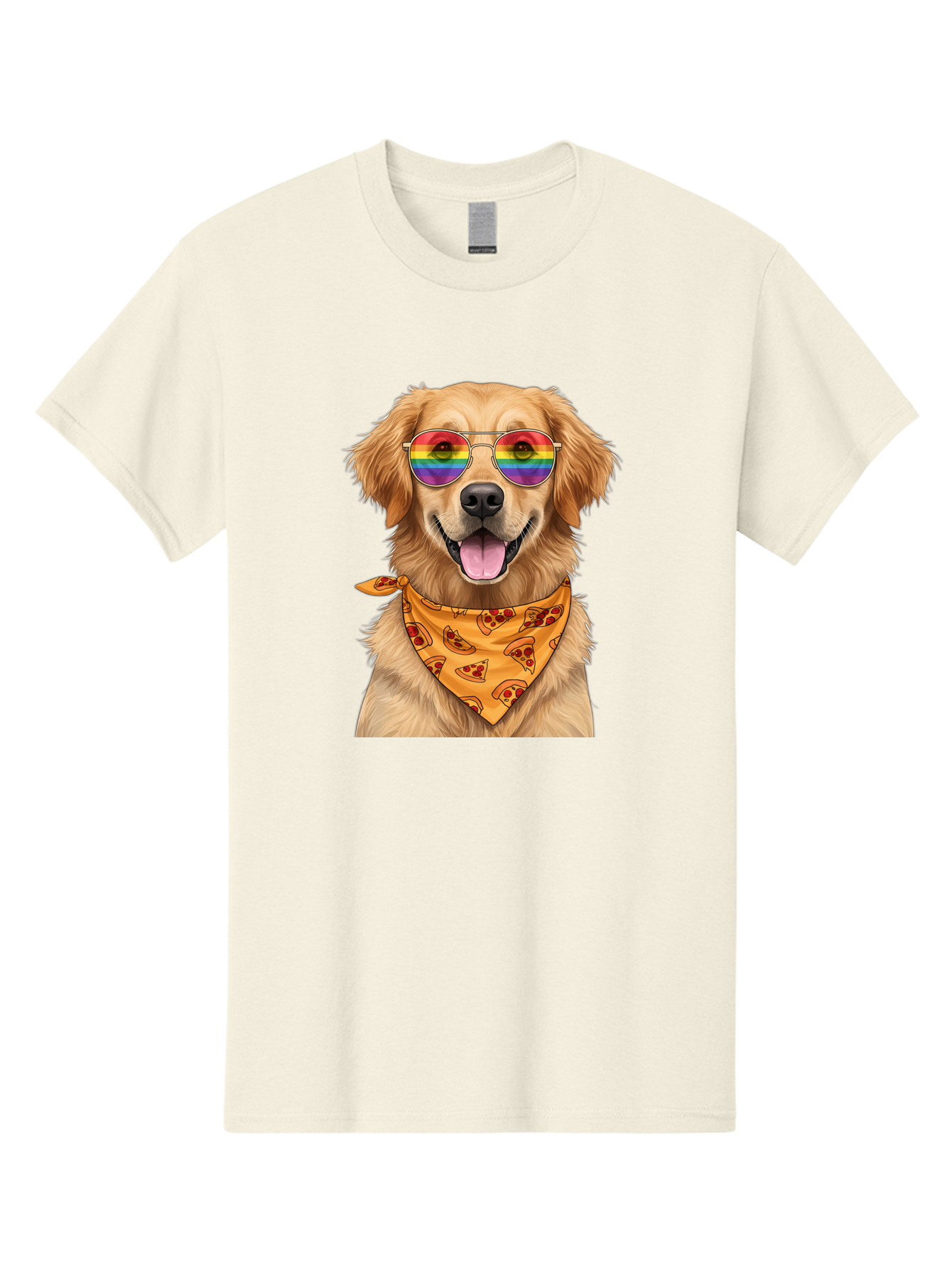 Golden-Retriever-With-Sunglasses-1 Men'S Graphic Tee, 100% Cotton, Comfortable Casual Summer Wear, Machine Washable, Funny Dog, Golden Retriever, Rainbow Sunglasses, Trendy Accessories, Pizza Bandana, Cool Canine, Playful Pet Bac004