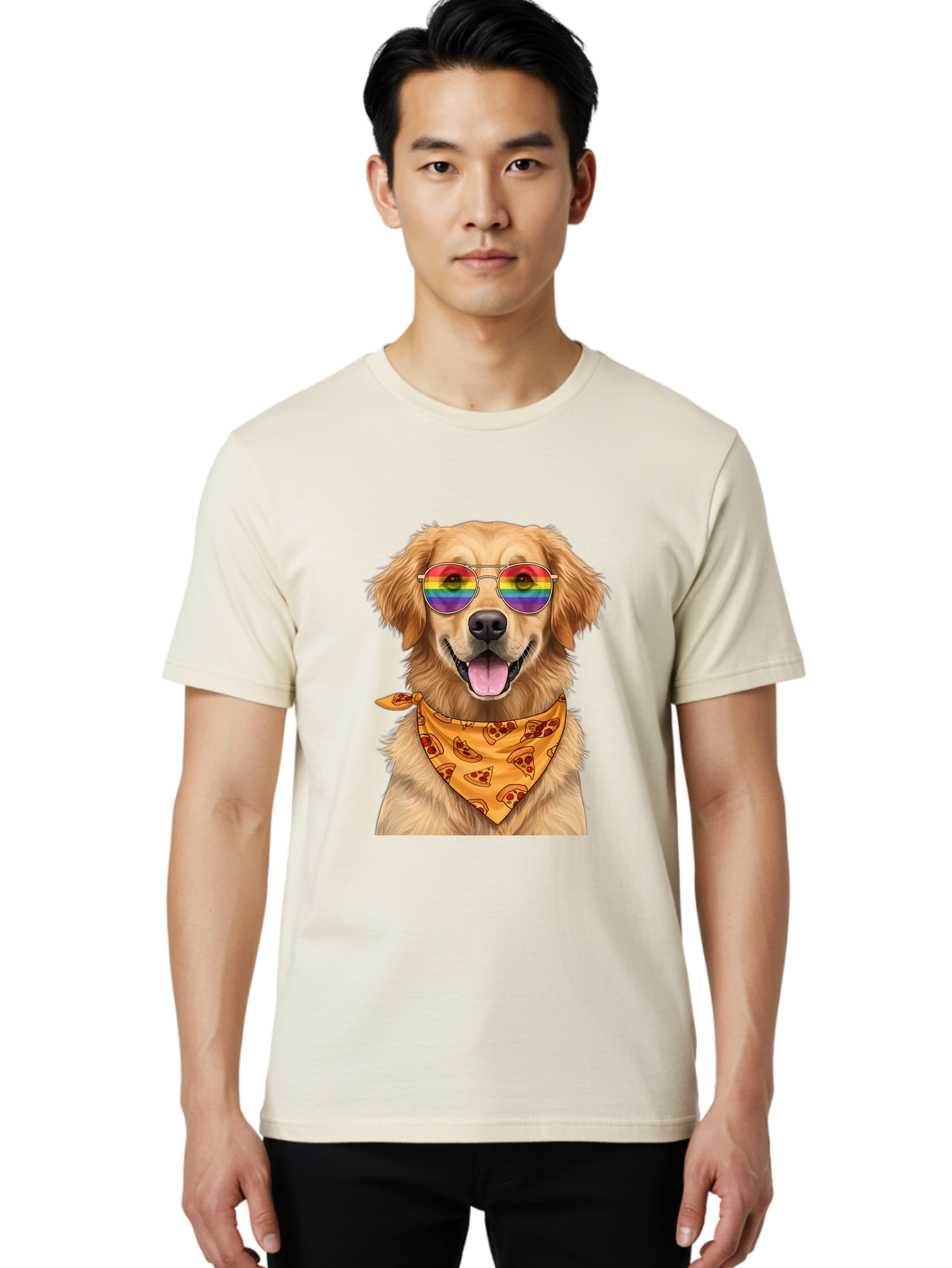 Golden-Retriever-With-Sunglasses-1 Men'S Graphic Tee, 100% Cotton, Comfortable Casual Summer Wear, Machine Washable, Funny Dog, Golden Retriever, Rainbow Sunglasses, Trendy Accessories, Pizza Bandana, Cool Canine, Playful Pet Bac004