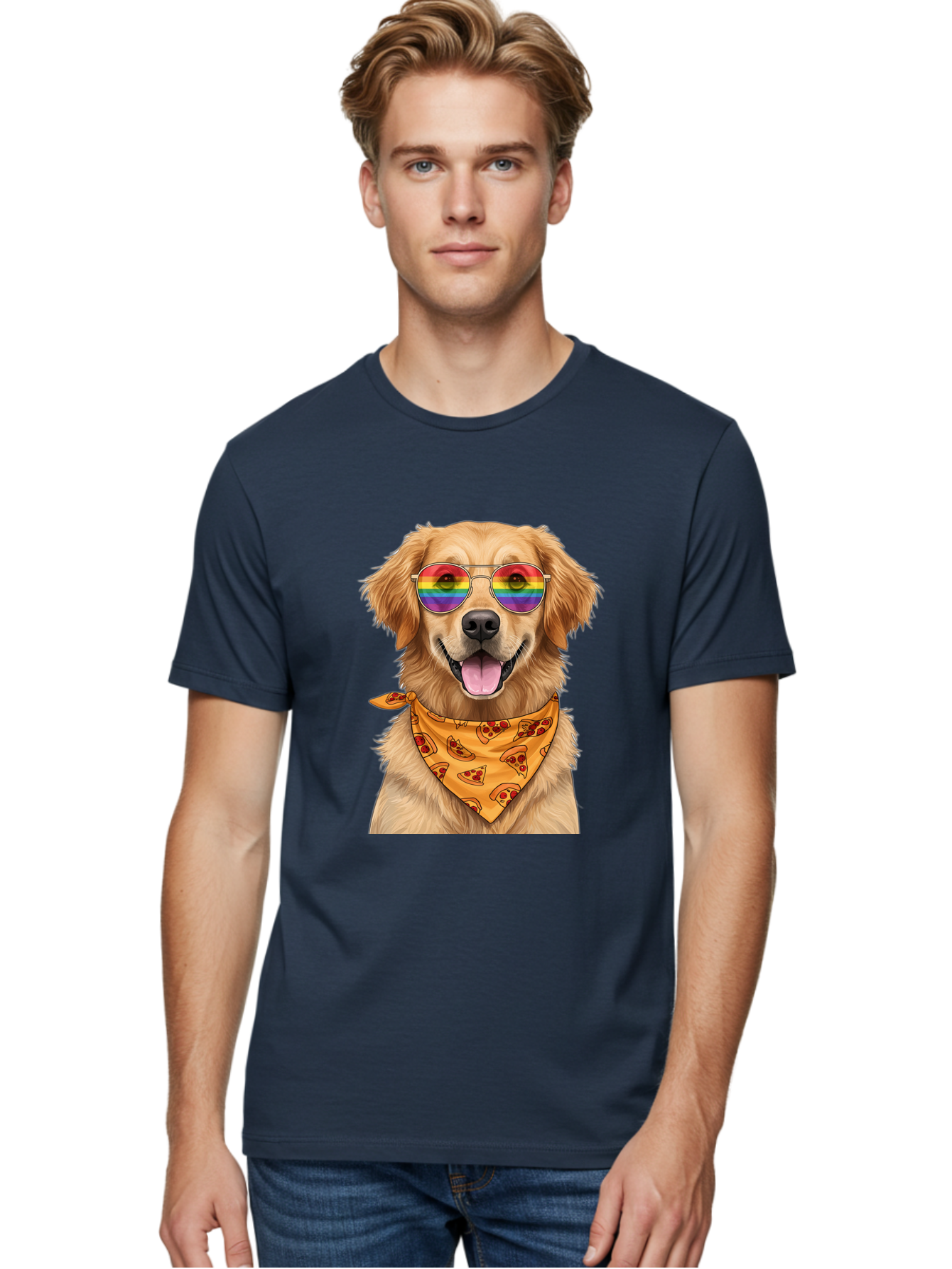Golden-Retriever-With-Sunglasses-1 Men'S Graphic Tee, 100% Cotton, Comfortable Casual Summer Wear, Machine Washable, Funny Dog, Golden Retriever, Rainbow Sunglasses, Trendy Accessories, Pizza Bandana, Cool Canine, Playful Pet Bac004