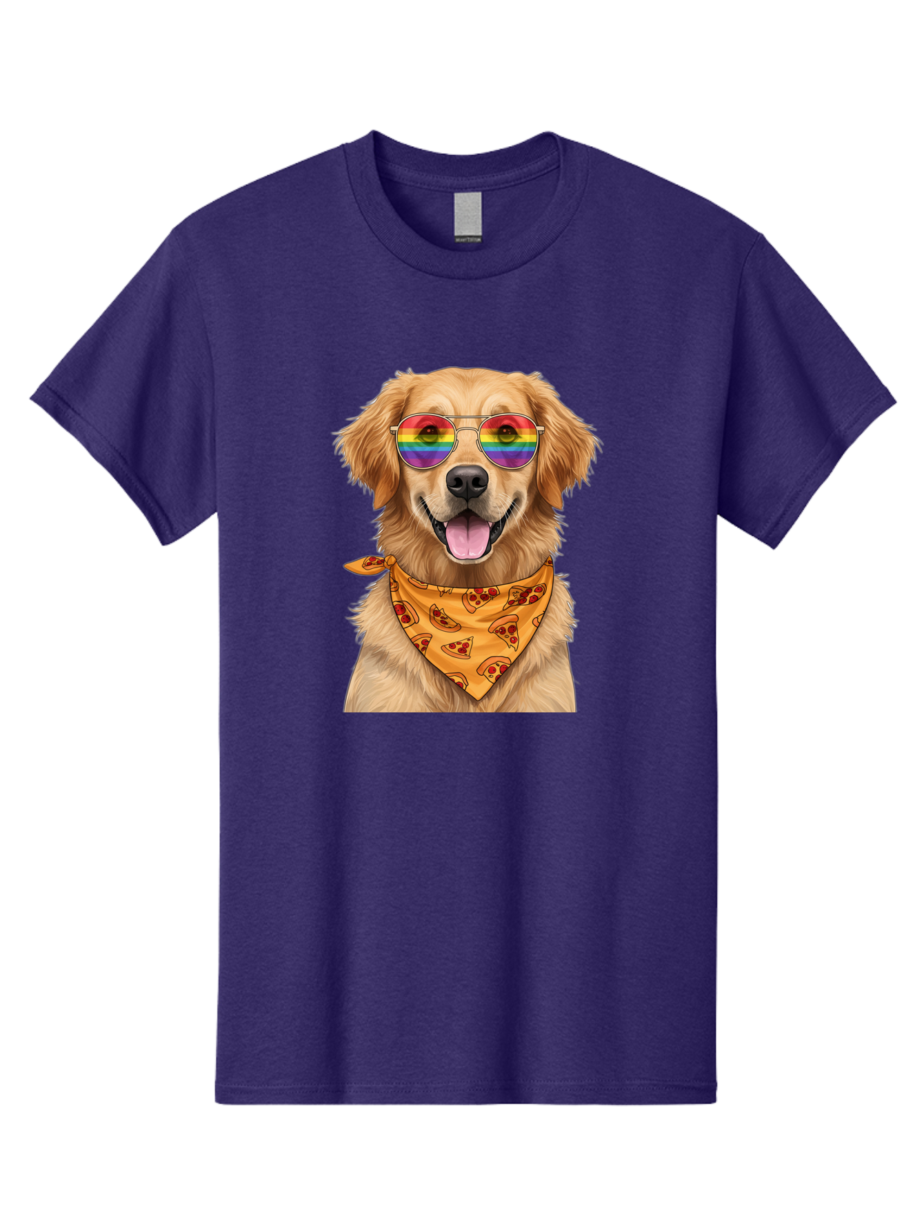 Golden-Retriever-With-Sunglasses-1 Men'S Graphic Tee, 100% Cotton, Comfortable Casual Summer Wear, Machine Washable, Funny Dog, Golden Retriever, Rainbow Sunglasses, Trendy Accessories, Pizza Bandana, Cool Canine, Playful Pet Bac004