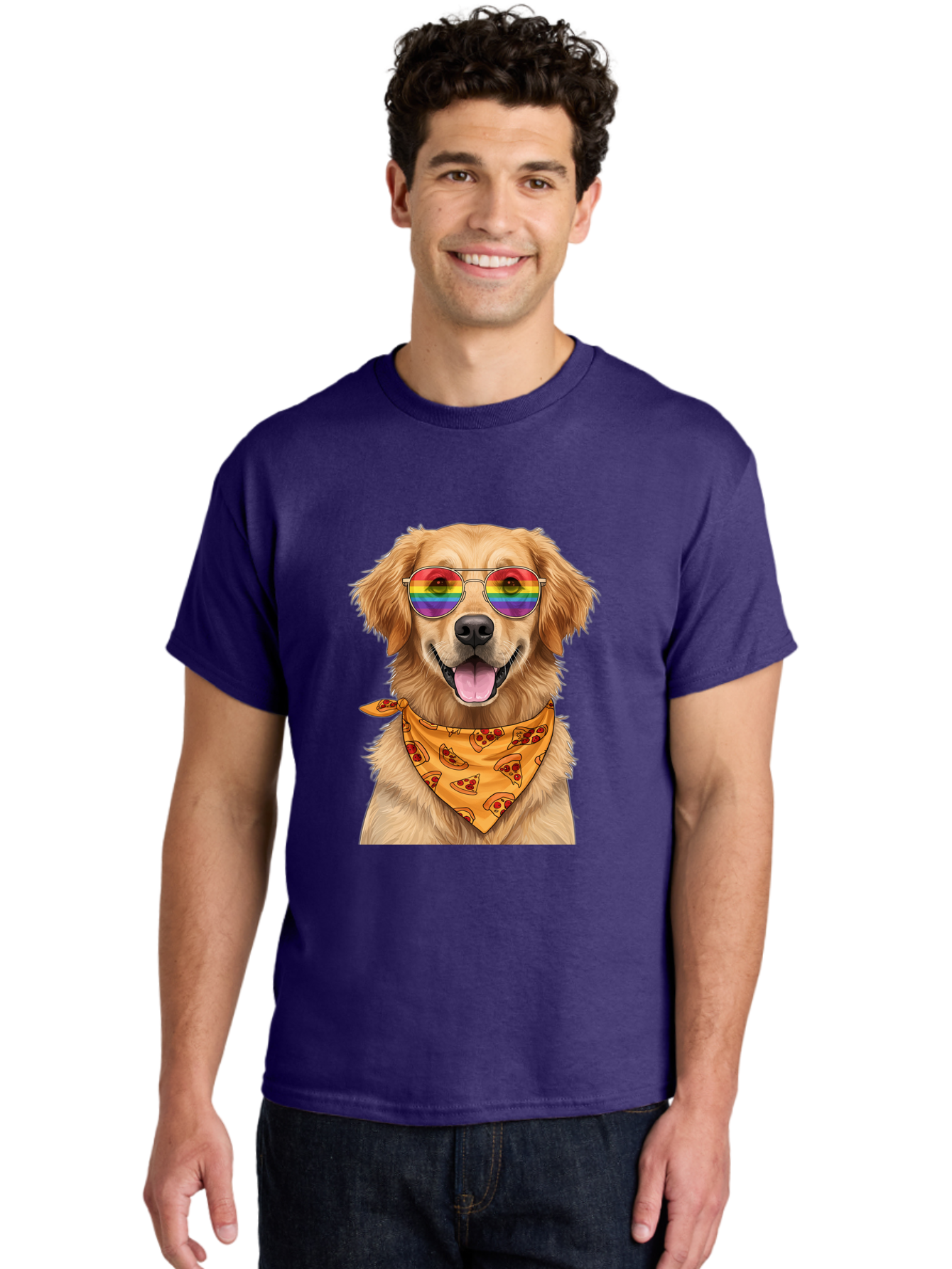 Golden-Retriever-With-Sunglasses-1 Men'S Graphic Tee, 100% Cotton, Comfortable Casual Summer Wear, Machine Washable, Funny Dog, Golden Retriever, Rainbow Sunglasses, Trendy Accessories, Pizza Bandana, Cool Canine, Playful Pet Bac004