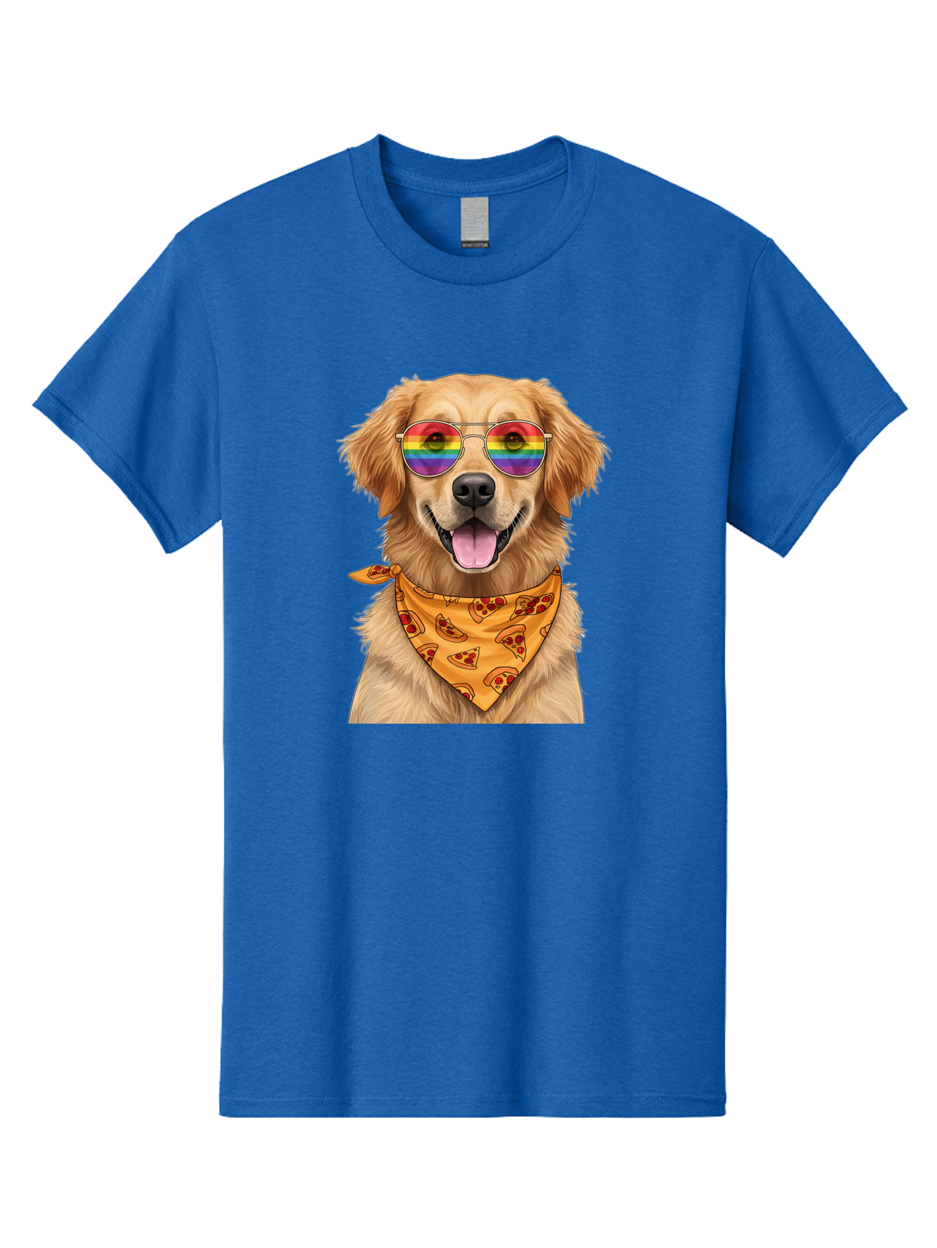 Golden-Retriever-With-Sunglasses-1 Men'S Graphic Tee, 100% Cotton, Comfortable Casual Summer Wear, Machine Washable, Funny Dog, Golden Retriever, Rainbow Sunglasses, Trendy Accessories, Pizza Bandana, Cool Canine, Playful Pet Bac004