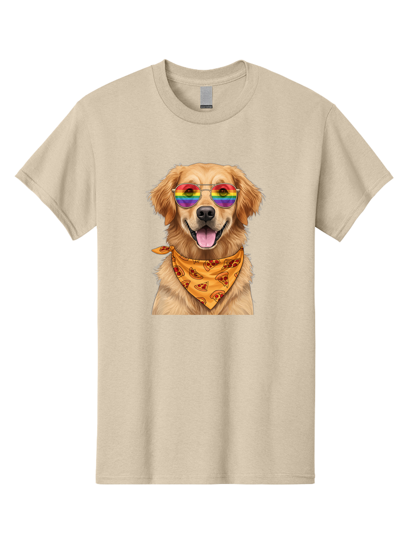 Golden-Retriever-With-Sunglasses-1 Men'S Graphic Tee, 100% Cotton, Comfortable Casual Summer Wear, Machine Washable, Funny Dog, Golden Retriever, Rainbow Sunglasses, Trendy Accessories, Pizza Bandana, Cool Canine, Playful Pet Bac004
