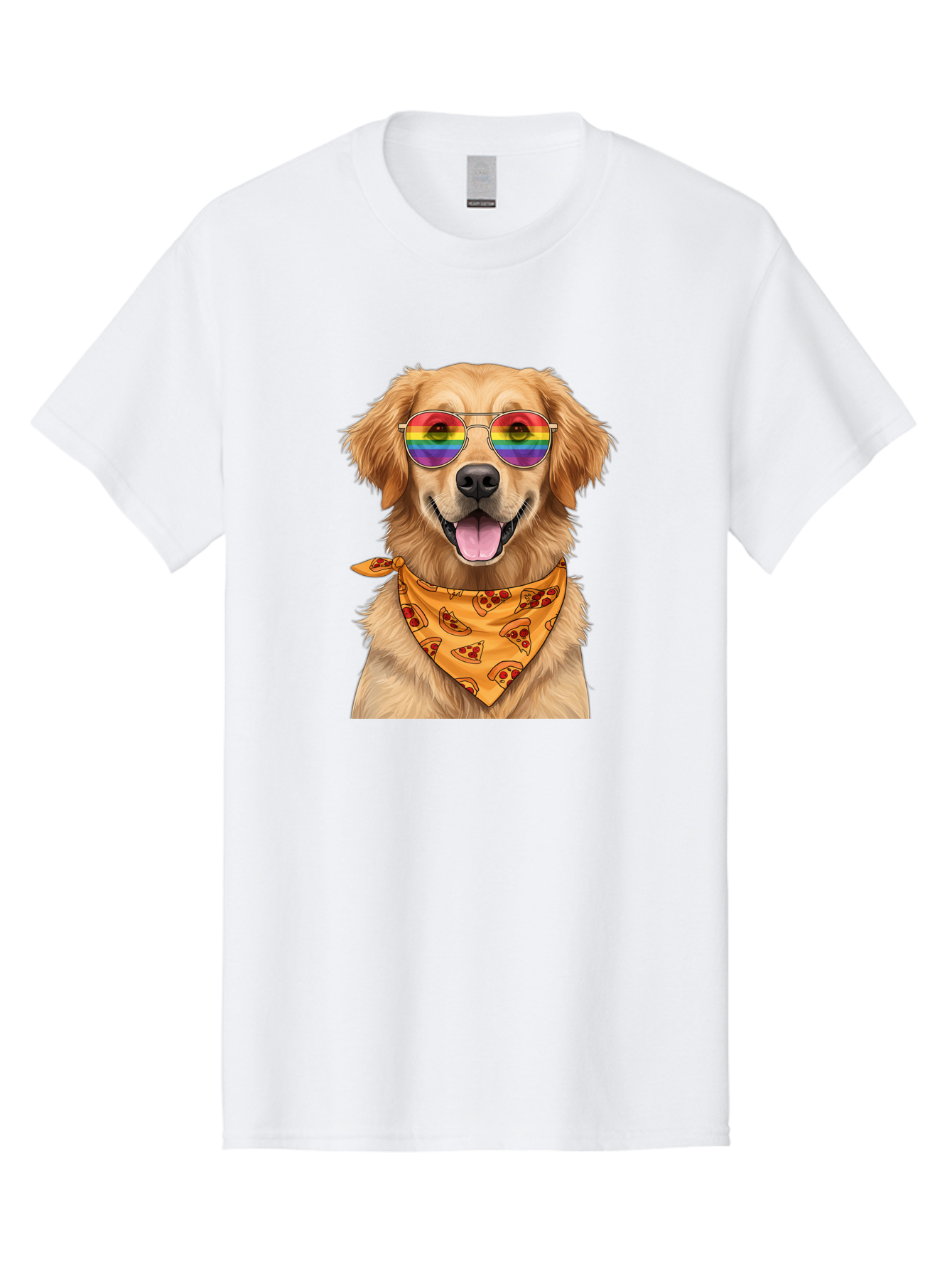 Golden-Retriever-With-Sunglasses-1 Men'S Graphic Tee, 100% Cotton, Comfortable Casual Summer Wear, Machine Washable, Funny Dog, Golden Retriever, Rainbow Sunglasses, Trendy Accessories, Pizza Bandana, Cool Canine, Playful Pet Bac004