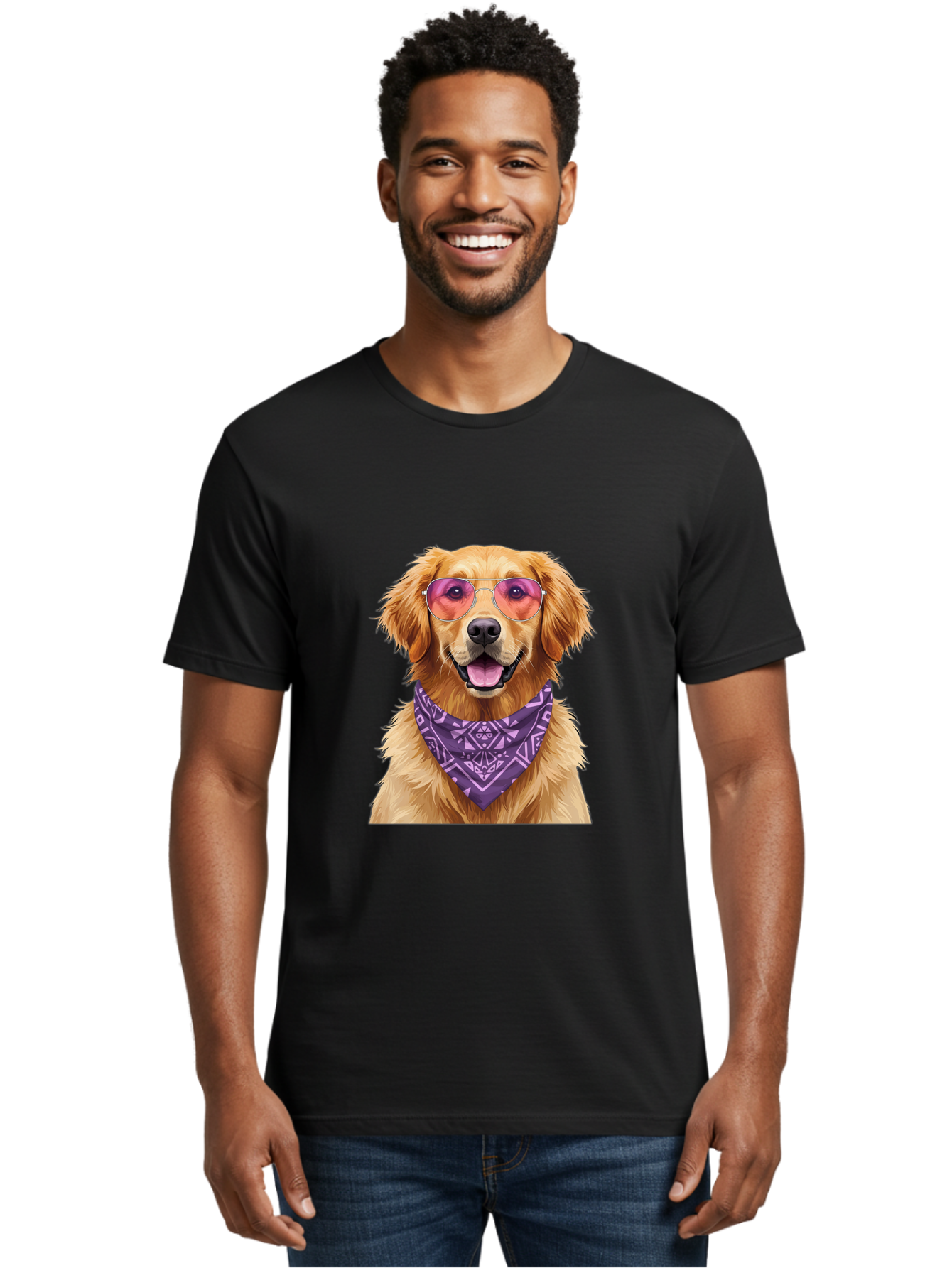 Golden-Retriever-With-Sunglasses Men'S Graphic Tee, 100% Cotton, Comfortable Casual Summer Wear, Machine Washable, Golden Retriever Dog, Trendy Sunglasses, Purple Bandana, Stylish Accessories, Cool Canine, Funky Pet, Modern Dog Design, Bac005