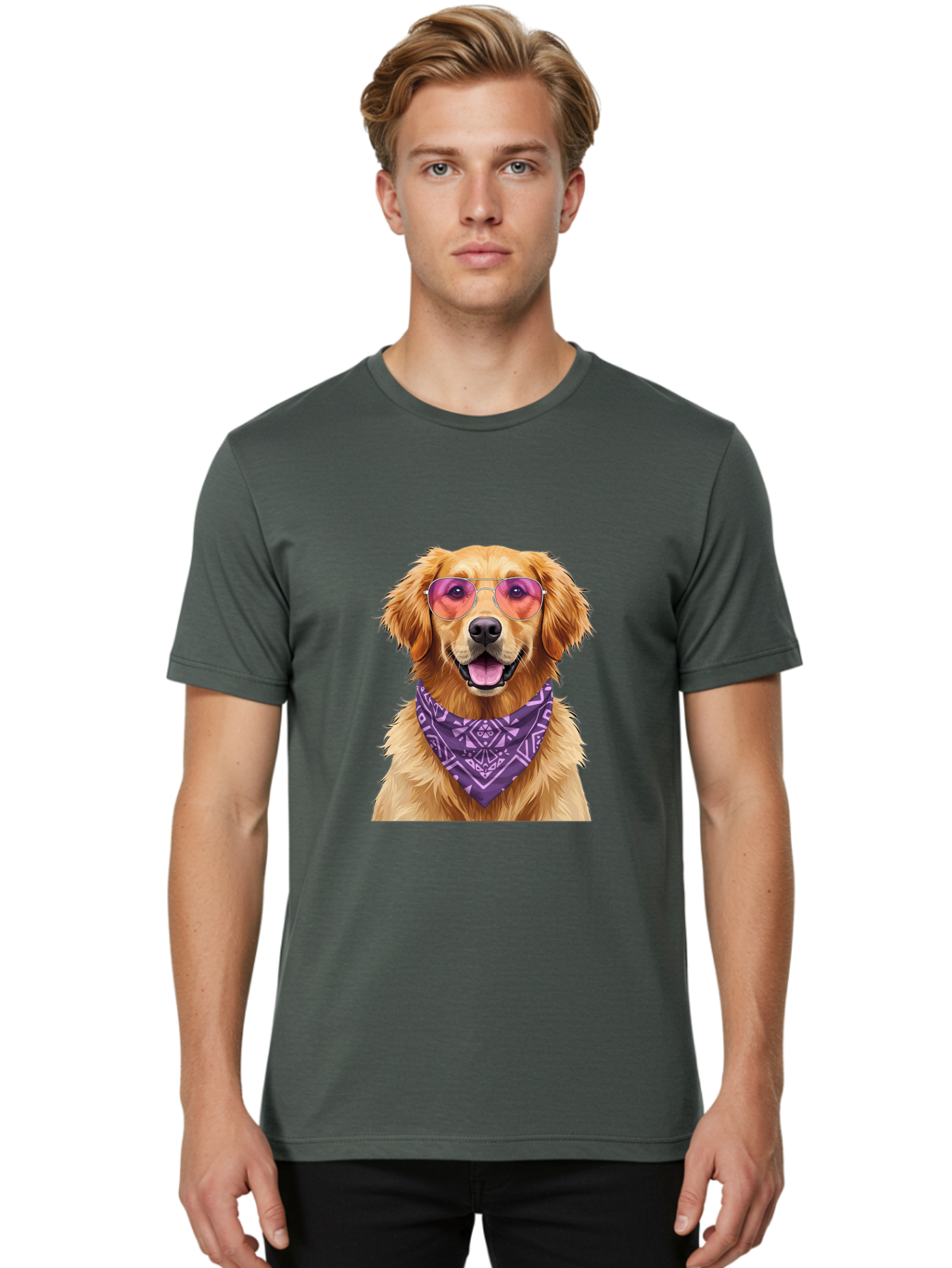 Golden-Retriever-With-Sunglasses Men'S Graphic Tee, 100% Cotton, Comfortable Casual Summer Wear, Machine Washable, Golden Retriever Dog, Trendy Sunglasses, Purple Bandana, Stylish Accessories, Cool Canine, Funky Pet, Modern Dog Design, Bac005