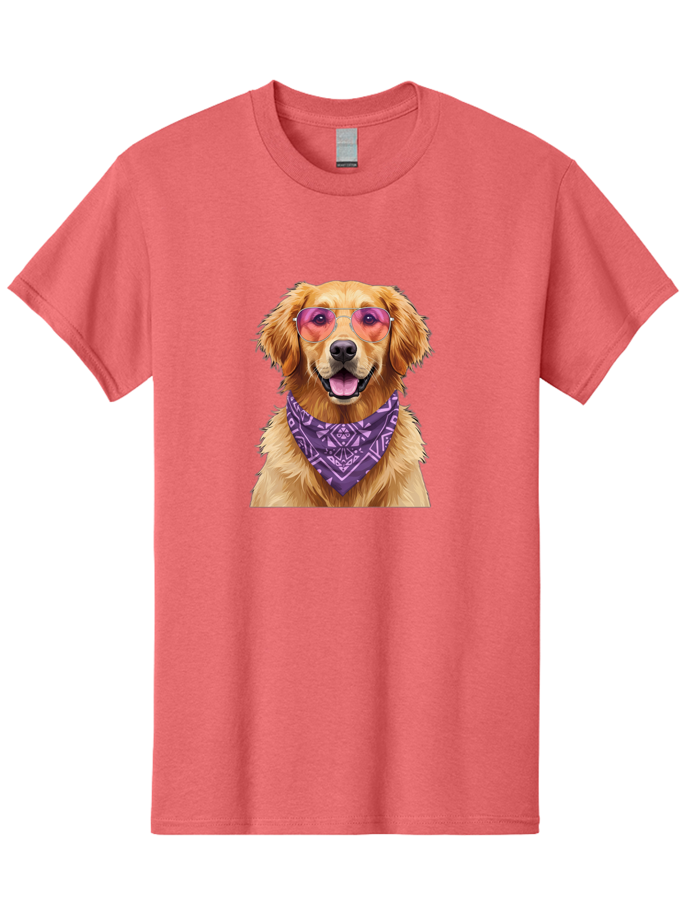 Golden-Retriever-With-Sunglasses Men'S Graphic Tee, 100% Cotton, Comfortable Casual Summer Wear, Machine Washable, Golden Retriever Dog, Trendy Sunglasses, Purple Bandana, Stylish Accessories, Cool Canine, Funky Pet, Modern Dog Design, Bac005