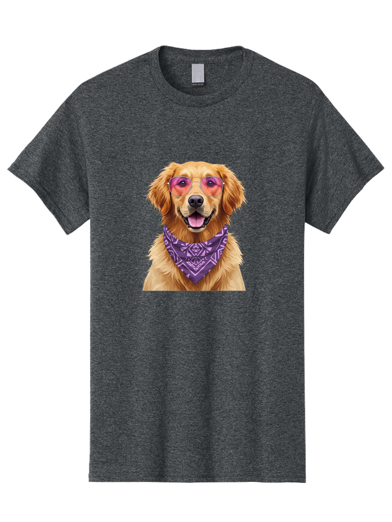 Golden-Retriever-With-Sunglasses Men'S Graphic Tee, 100% Cotton, Comfortable Casual Summer Wear, Machine Washable, Golden Retriever Dog, Trendy Sunglasses, Purple Bandana, Stylish Accessories, Cool Canine, Funky Pet, Modern Dog Design, Bac005
