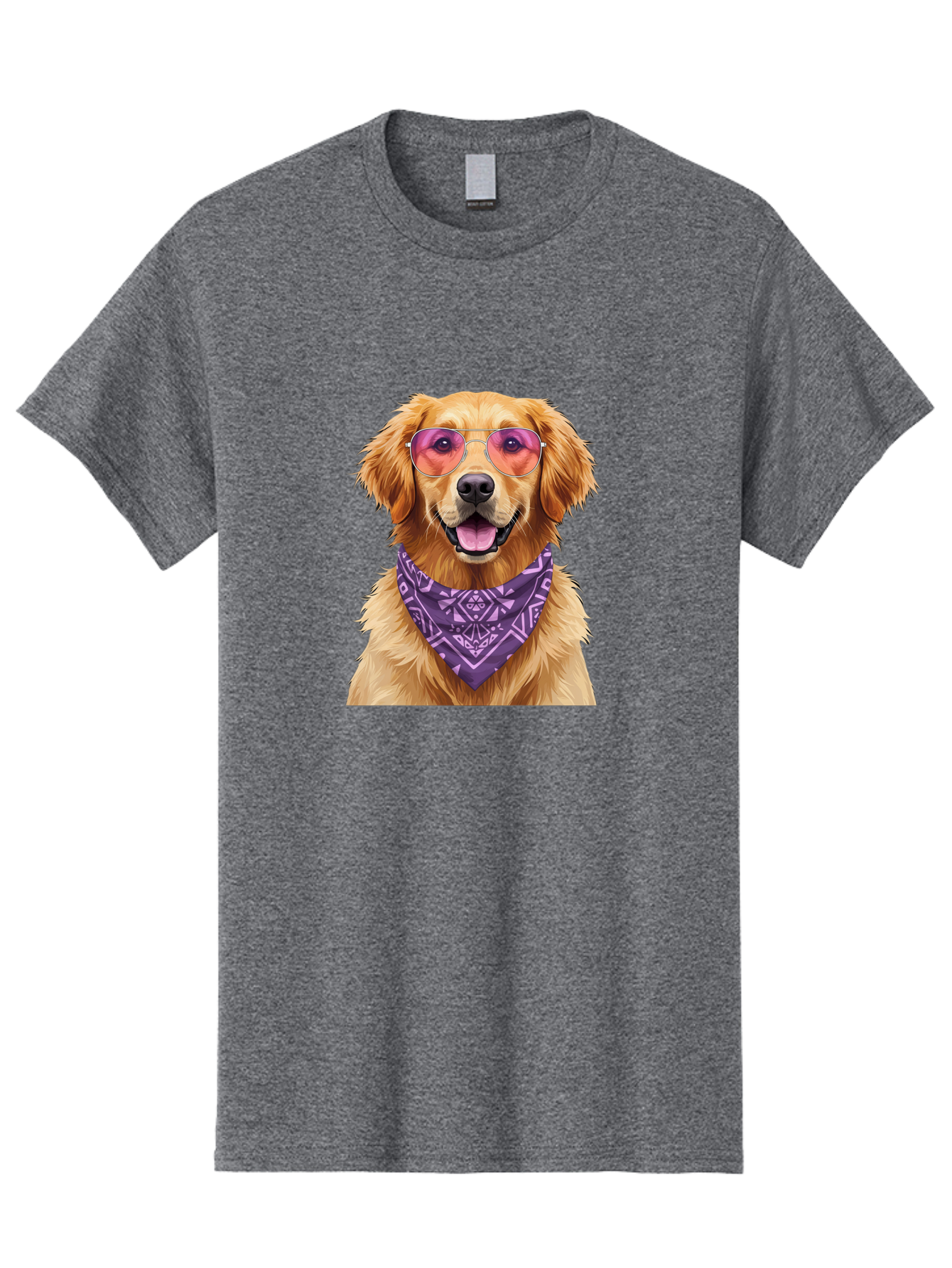 Golden-Retriever-With-Sunglasses Men'S Graphic Tee, 100% Cotton, Comfortable Casual Summer Wear, Machine Washable, Golden Retriever Dog, Trendy Sunglasses, Purple Bandana, Stylish Accessories, Cool Canine, Funky Pet, Modern Dog Design, Bac005