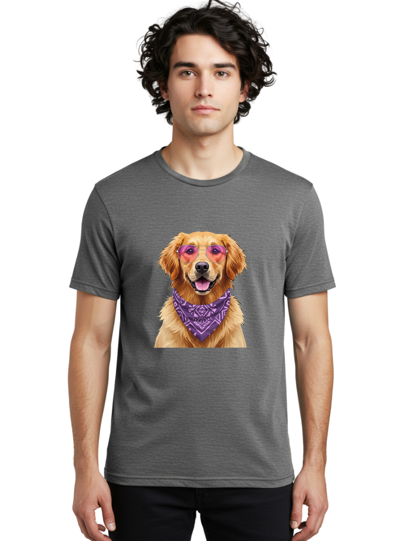 Golden-Retriever-With-Sunglasses Men'S Graphic Tee, 100% Cotton, Comfortable Casual Summer Wear, Machine Washable, Golden Retriever Dog, Trendy Sunglasses, Purple Bandana, Stylish Accessories, Cool Canine, Funky Pet, Modern Dog Design, Bac005