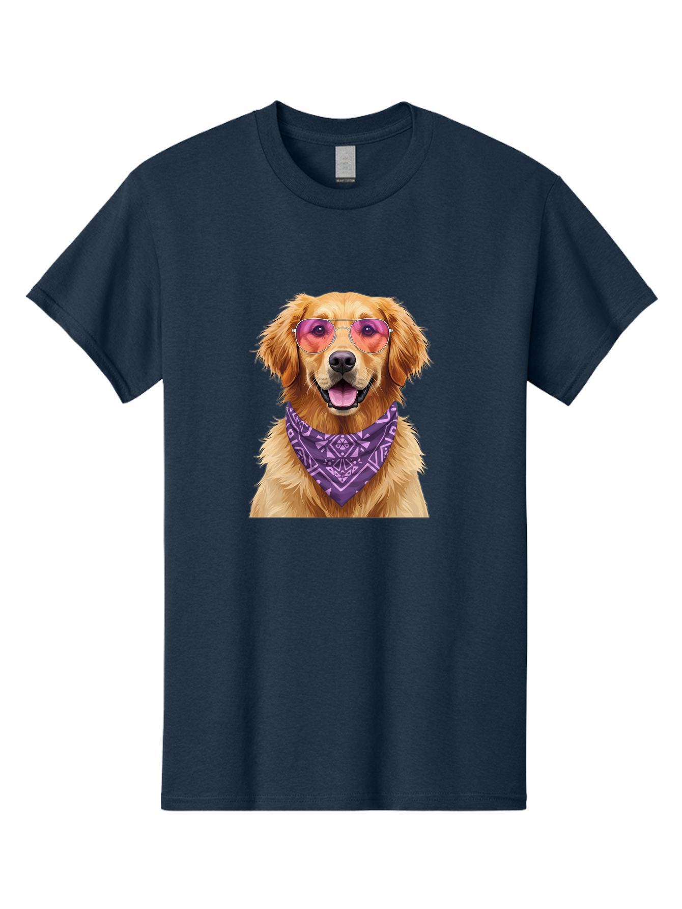 Golden-Retriever-With-Sunglasses Men'S Graphic Tee, 100% Cotton, Comfortable Casual Summer Wear, Machine Washable, Golden Retriever Dog, Trendy Sunglasses, Purple Bandana, Stylish Accessories, Cool Canine, Funky Pet, Modern Dog Design, Bac005