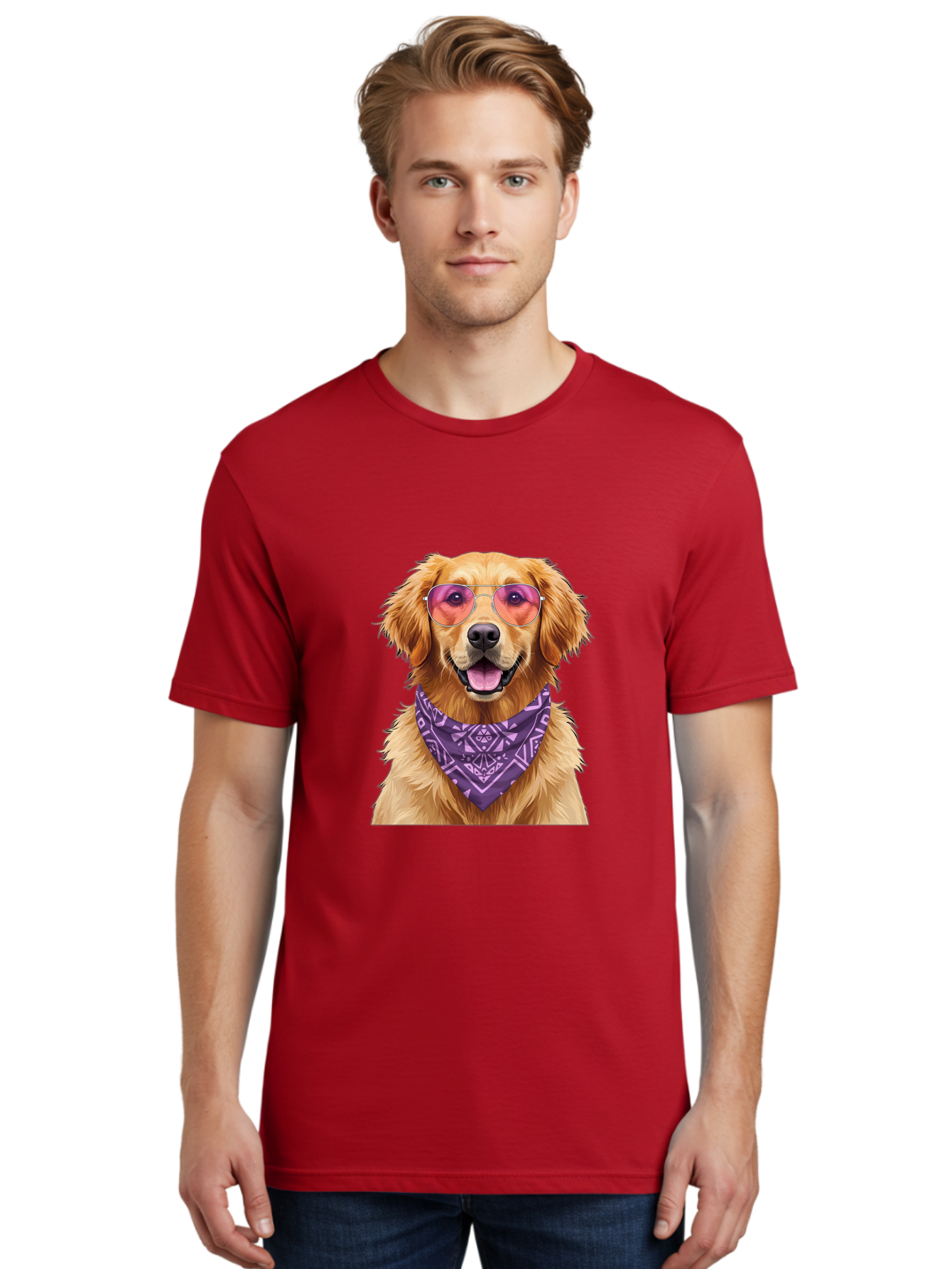 Golden-Retriever-With-Sunglasses Men'S Graphic Tee, 100% Cotton, Comfortable Casual Summer Wear, Machine Washable, Golden Retriever Dog, Trendy Sunglasses, Purple Bandana, Stylish Accessories, Cool Canine, Funky Pet, Modern Dog Design, Bac005