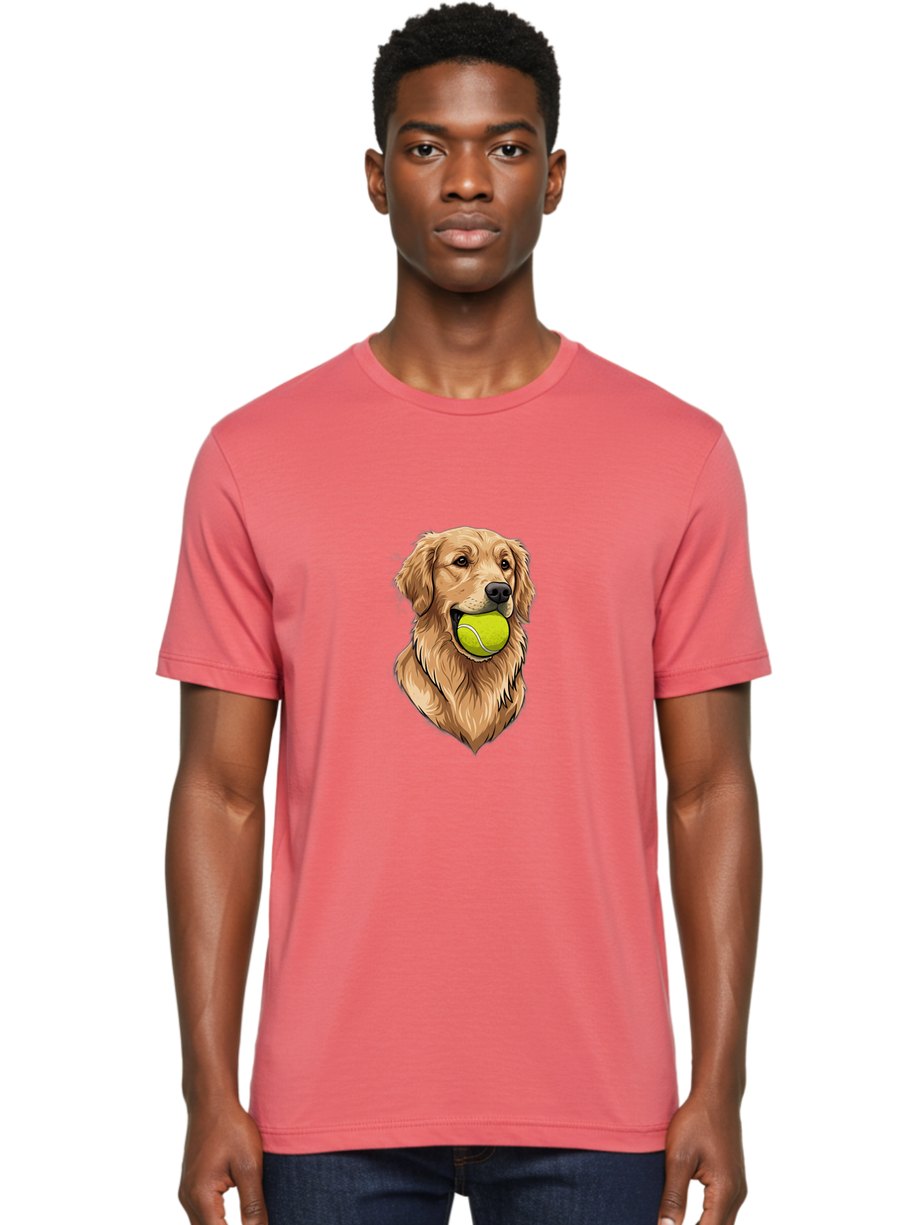 Golden-Retriever-With-Tennis-Ball Men'S Graphic Tee, 100% Cotton, Comfortable Casual Summer Wear, Machine Washable, Golden Retriever Dog Holding Tennis Ball, Playful Pup, Tennis Ball In Mouth, Fun Pet, Playful Pet, Dog Illustration, Bac006