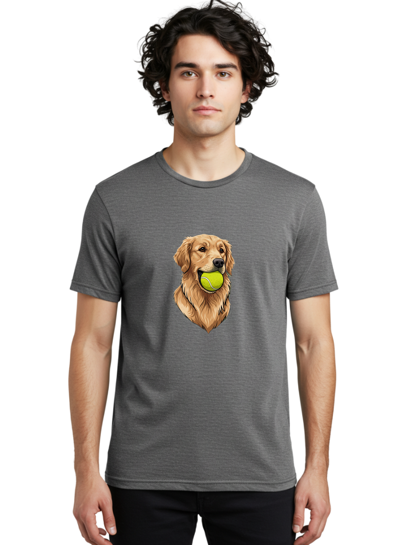 Golden-Retriever-With-Tennis-Ball Men'S Graphic Tee, 100% Cotton, Comfortable Casual Summer Wear, Machine Washable, Golden Retriever Dog Holding Tennis Ball, Playful Pup, Tennis Ball In Mouth, Fun Pet, Playful Pet, Dog Illustration, Bac006