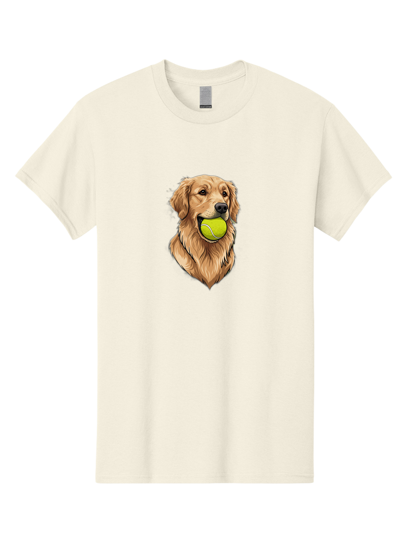 Golden-Retriever-With-Tennis-Ball Men'S Graphic Tee, 100% Cotton, Comfortable Casual Summer Wear, Machine Washable, Golden Retriever Dog Holding Tennis Ball, Playful Pup, Tennis Ball In Mouth, Fun Pet, Playful Pet, Dog Illustration, Bac006