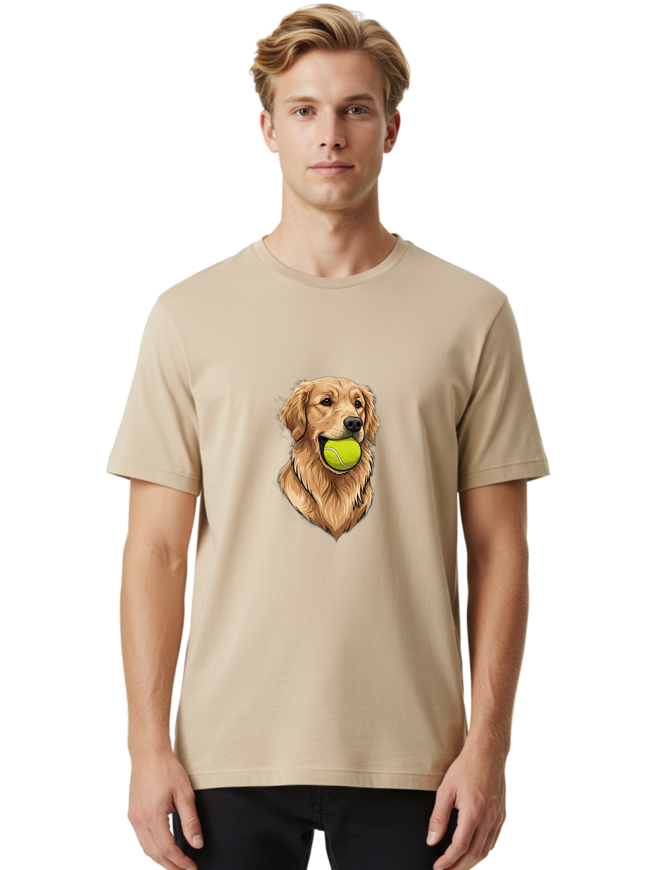 Golden-Retriever-With-Tennis-Ball Men'S Graphic Tee, 100% Cotton, Comfortable Casual Summer Wear, Machine Washable, Golden Retriever Dog Holding Tennis Ball, Playful Pup, Tennis Ball In Mouth, Fun Pet, Playful Pet, Dog Illustration, Bac006