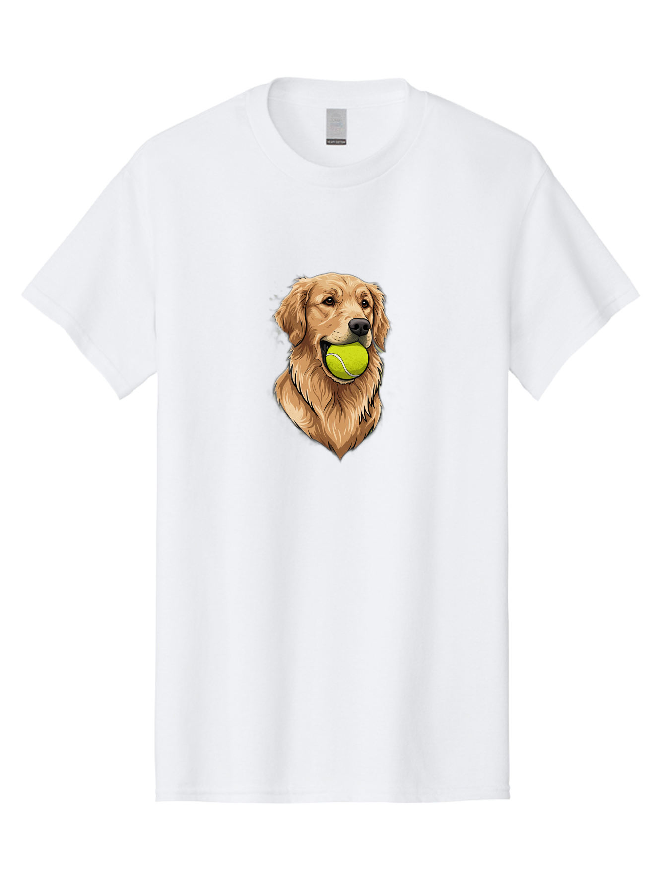 Golden-Retriever-With-Tennis-Ball Men'S Graphic Tee, 100% Cotton, Comfortable Casual Summer Wear, Machine Washable, Golden Retriever Dog Holding Tennis Ball, Playful Pup, Tennis Ball In Mouth, Fun Pet, Playful Pet, Dog Illustration, Bac006