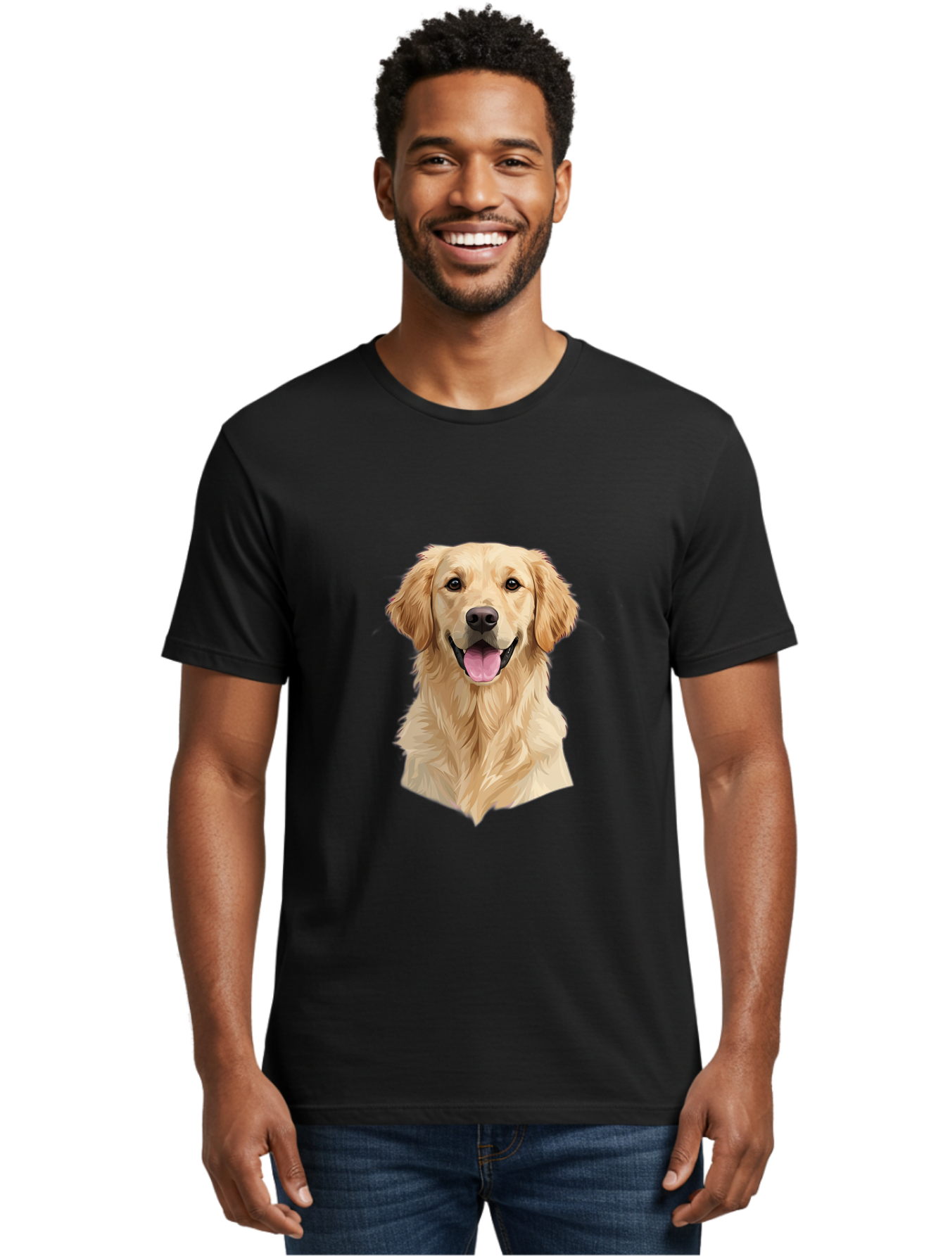 Golden-Retriever Men'S Graphic Tee, 100% Cotton, Comfortable Casual Summer Wear, Machine Washable, Happy Golden Retriever, Friendly Dog, Smiling Pet, Playful Animal, Cute Canine, Dog Portrait, Retriever Illustration Bac007