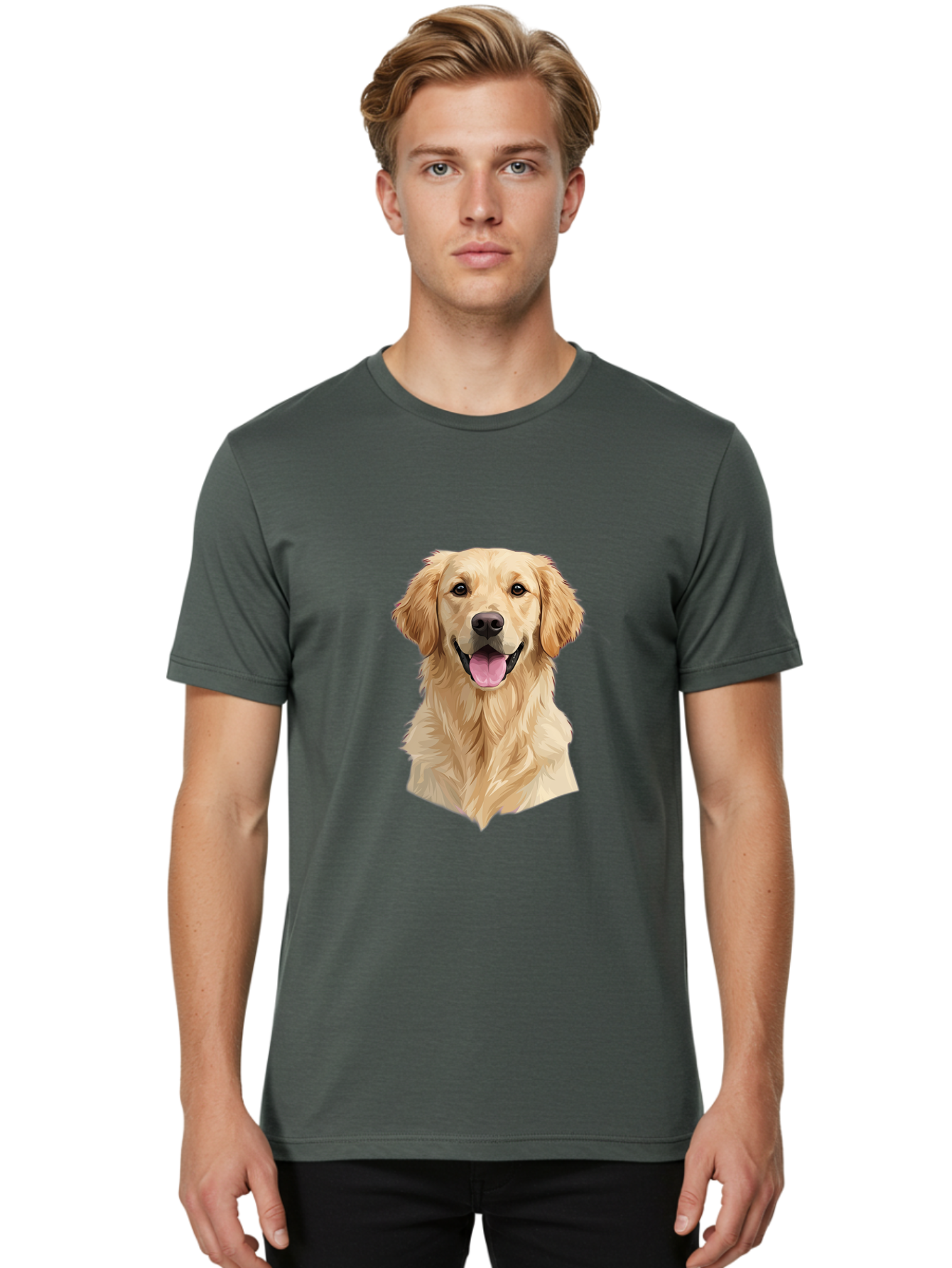 Golden-Retriever Men'S Graphic Tee, 100% Cotton, Comfortable Casual Summer Wear, Machine Washable, Happy Golden Retriever, Friendly Dog, Smiling Pet, Playful Animal, Cute Canine, Dog Portrait, Retriever Illustration Bac007
