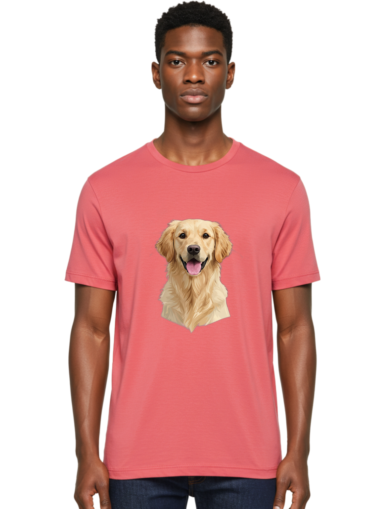 Golden-Retriever Men'S Graphic Tee, 100% Cotton, Comfortable Casual Summer Wear, Machine Washable, Happy Golden Retriever, Friendly Dog, Smiling Pet, Playful Animal, Cute Canine, Dog Portrait, Retriever Illustration Bac007