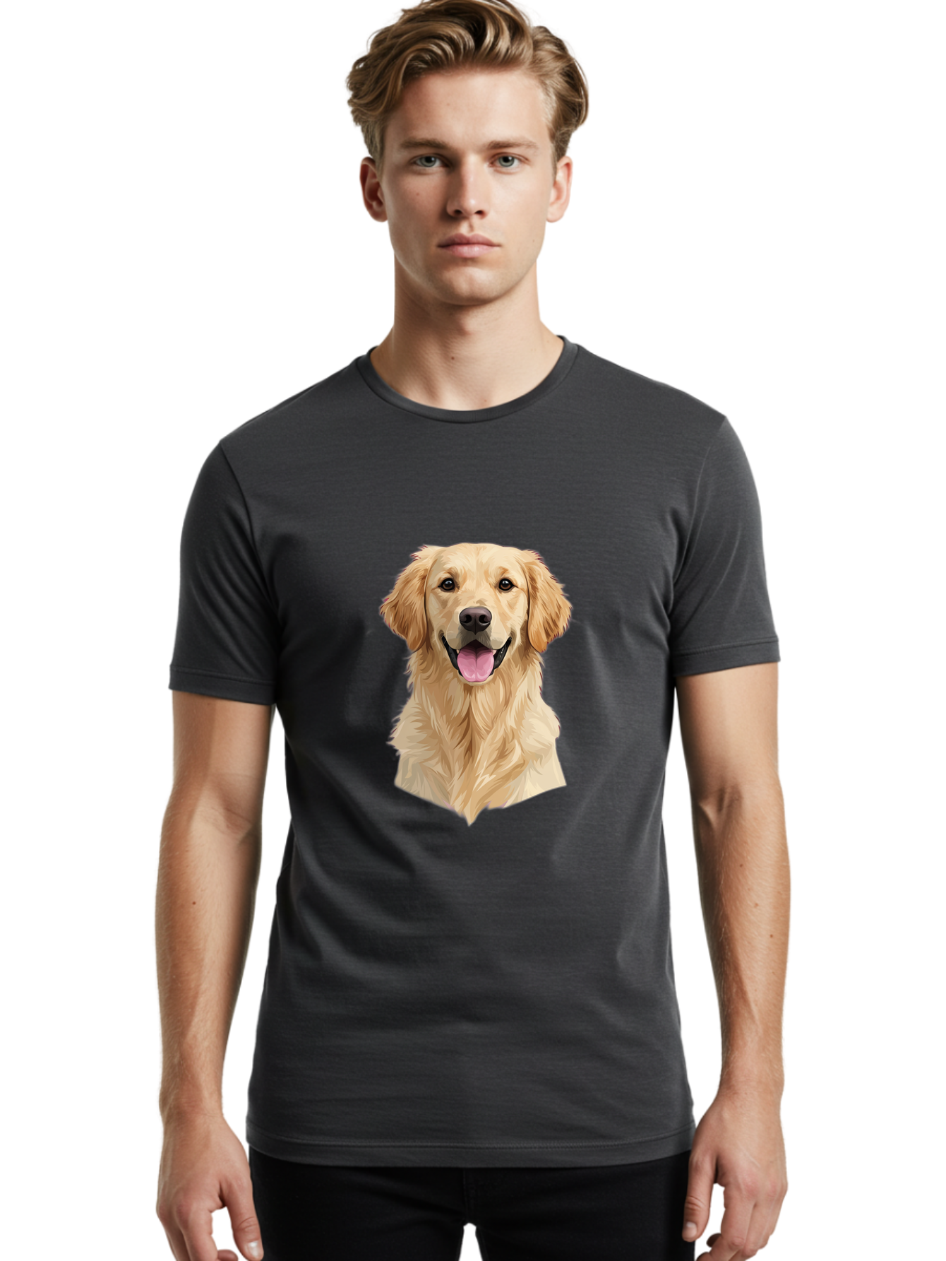 Golden-Retriever Men'S Graphic Tee, 100% Cotton, Comfortable Casual Summer Wear, Machine Washable, Happy Golden Retriever, Friendly Dog, Smiling Pet, Playful Animal, Cute Canine, Dog Portrait, Retriever Illustration Bac007