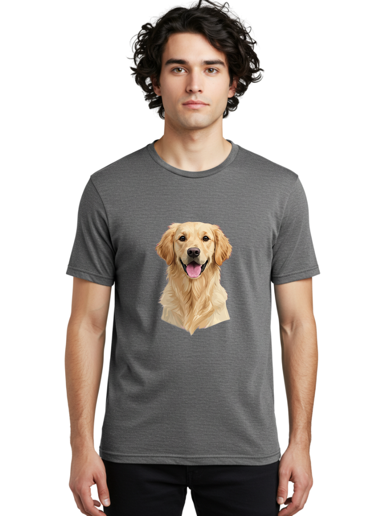 Golden-Retriever Men'S Graphic Tee, 100% Cotton, Comfortable Casual Summer Wear, Machine Washable, Happy Golden Retriever, Friendly Dog, Smiling Pet, Playful Animal, Cute Canine, Dog Portrait, Retriever Illustration Bac007