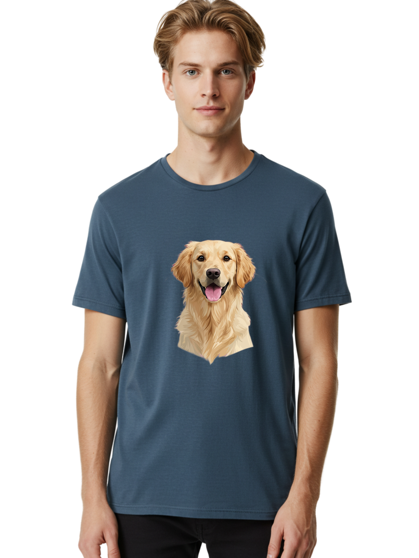 Golden-Retriever Men'S Graphic Tee, 100% Cotton, Comfortable Casual Summer Wear, Machine Washable, Happy Golden Retriever, Friendly Dog, Smiling Pet, Playful Animal, Cute Canine, Dog Portrait, Retriever Illustration Bac007