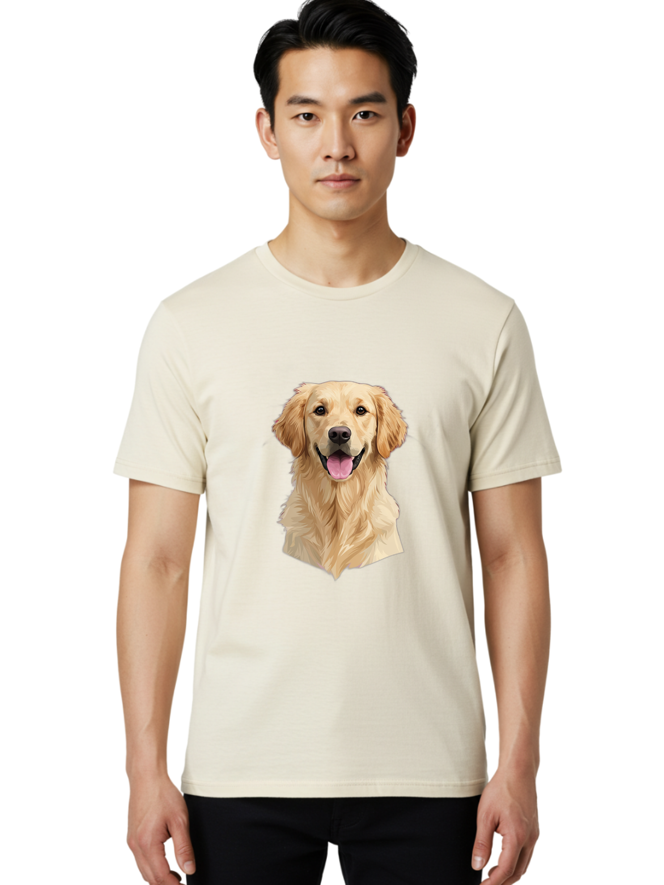 Golden-Retriever Men'S Graphic Tee, 100% Cotton, Comfortable Casual Summer Wear, Machine Washable, Happy Golden Retriever, Friendly Dog, Smiling Pet, Playful Animal, Cute Canine, Dog Portrait, Retriever Illustration Bac007