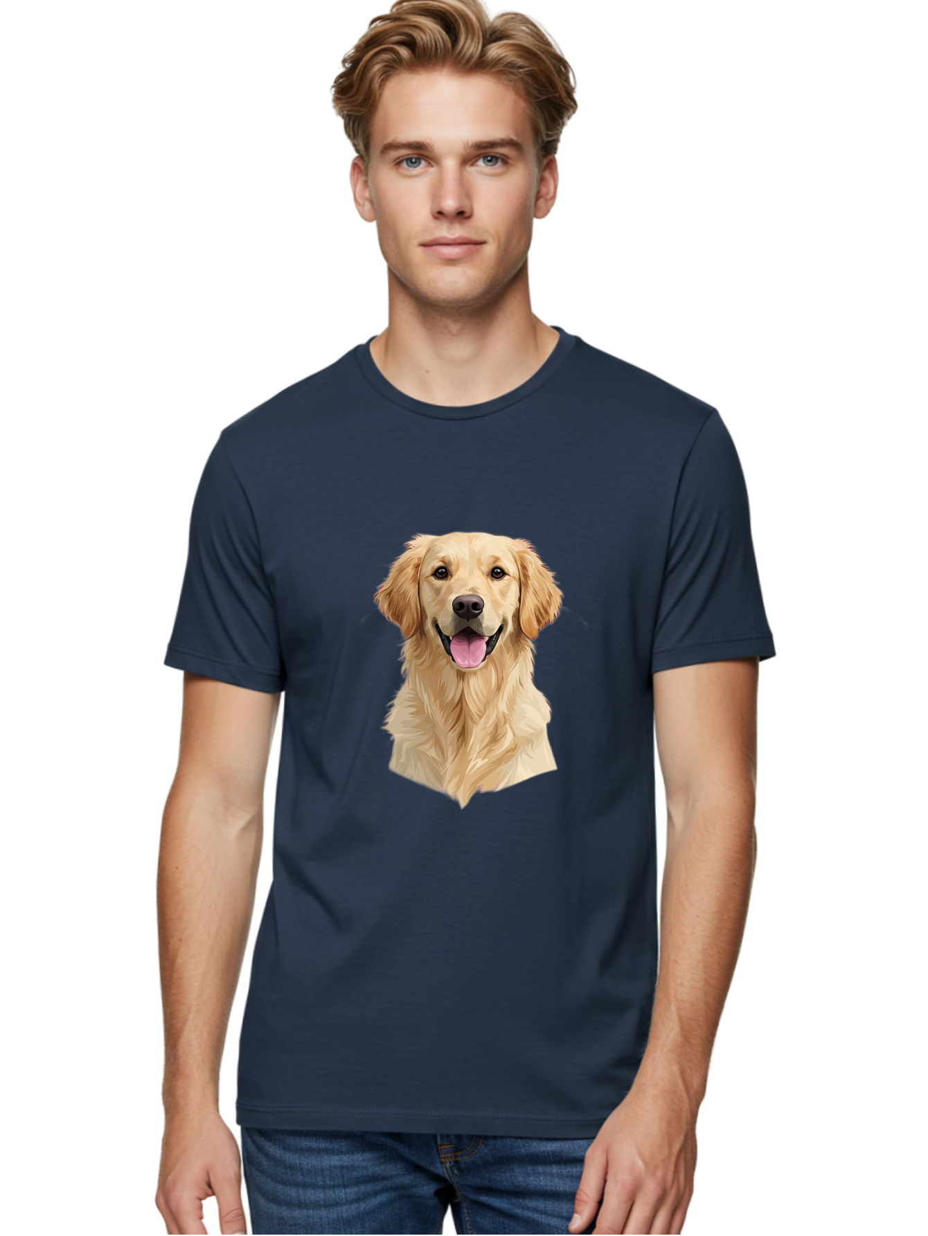 Golden-Retriever Men'S Graphic Tee, 100% Cotton, Comfortable Casual Summer Wear, Machine Washable, Happy Golden Retriever, Friendly Dog, Smiling Pet, Playful Animal, Cute Canine, Dog Portrait, Retriever Illustration Bac007