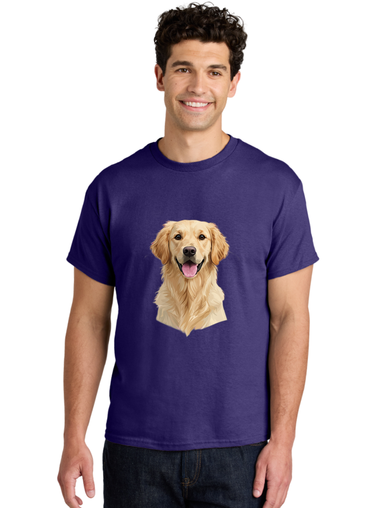 Golden-Retriever Men'S Graphic Tee, 100% Cotton, Comfortable Casual Summer Wear, Machine Washable, Happy Golden Retriever, Friendly Dog, Smiling Pet, Playful Animal, Cute Canine, Dog Portrait, Retriever Illustration Bac007