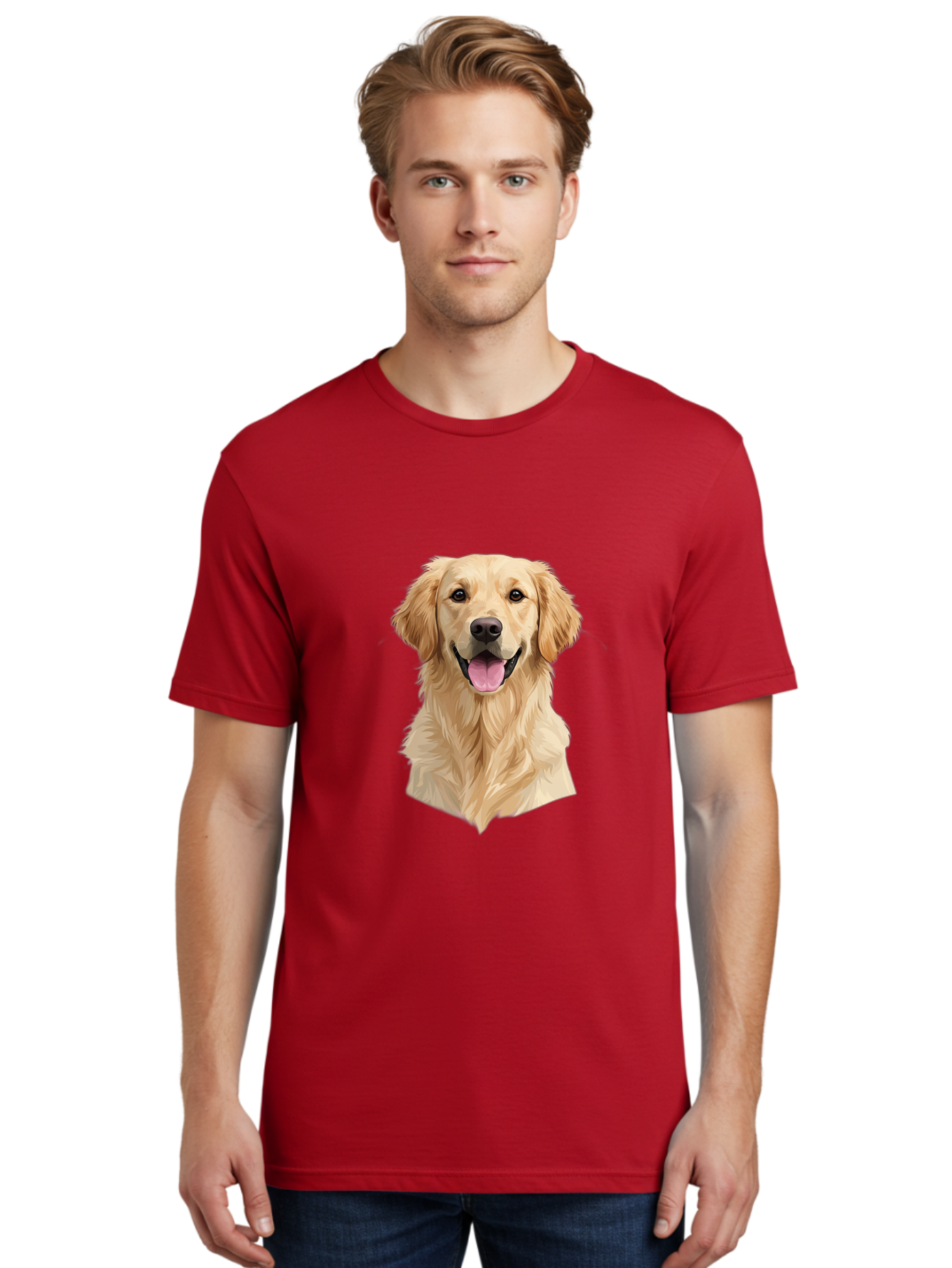 Golden-Retriever Men'S Graphic Tee, 100% Cotton, Comfortable Casual Summer Wear, Machine Washable, Happy Golden Retriever, Friendly Dog, Smiling Pet, Playful Animal, Cute Canine, Dog Portrait, Retriever Illustration Bac007
