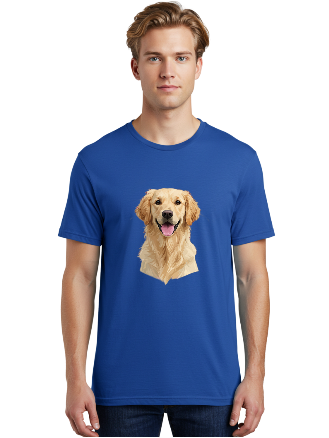 Golden-Retriever Men'S Graphic Tee, 100% Cotton, Comfortable Casual Summer Wear, Machine Washable, Happy Golden Retriever, Friendly Dog, Smiling Pet, Playful Animal, Cute Canine, Dog Portrait, Retriever Illustration Bac007