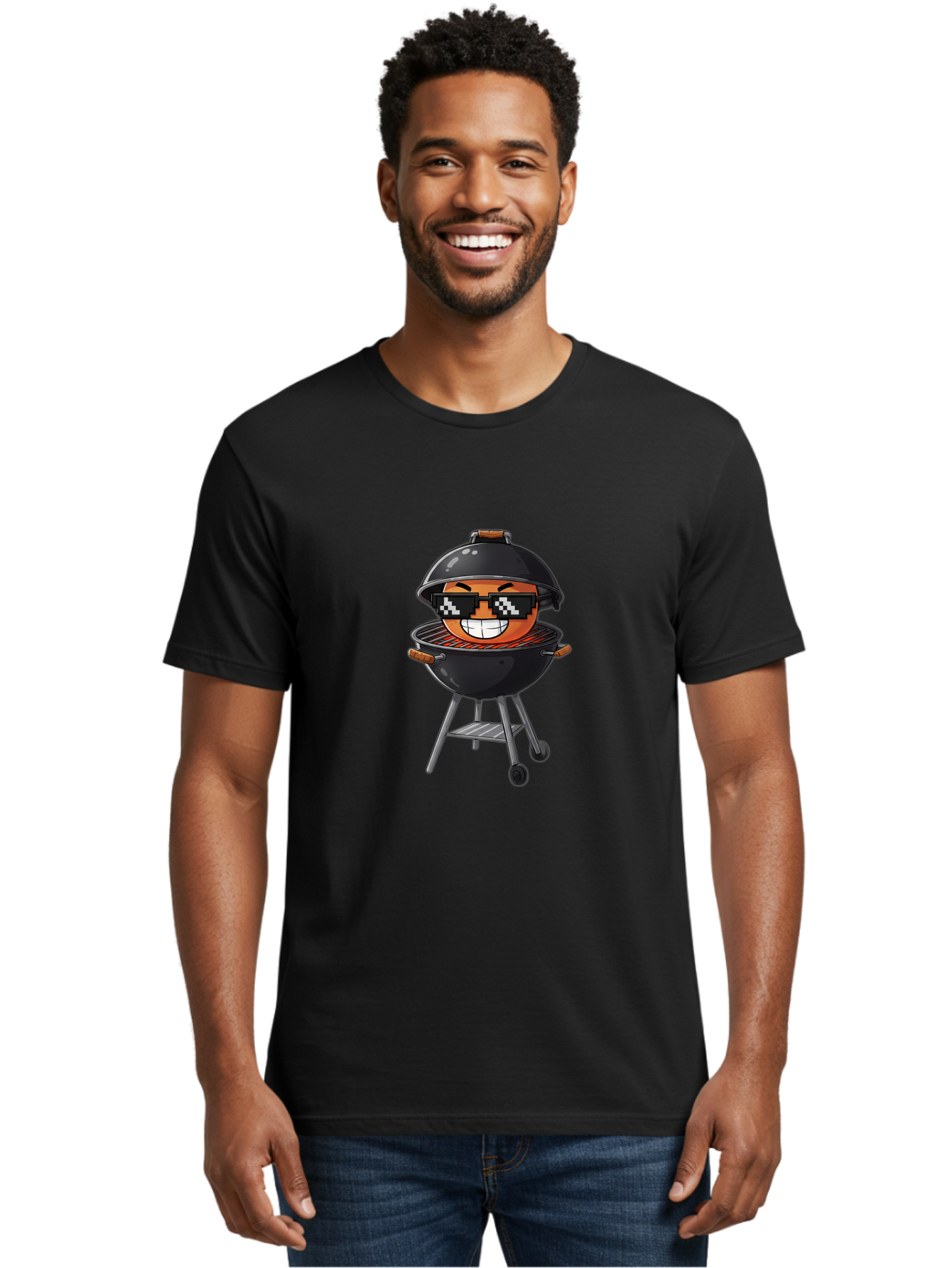 Grill-Emoji Men'S Graphic Tee, 100% Cotton, Comfortable Casual Summer Wear, Machine Washable, Burger In Barbecue Grill, Cool Burger, Grill Master, Barbecue Party, Funny Cartoon, Pixelated Sunglasses, Happy Burger, Grill Scene, Summer Vibe, Bac009