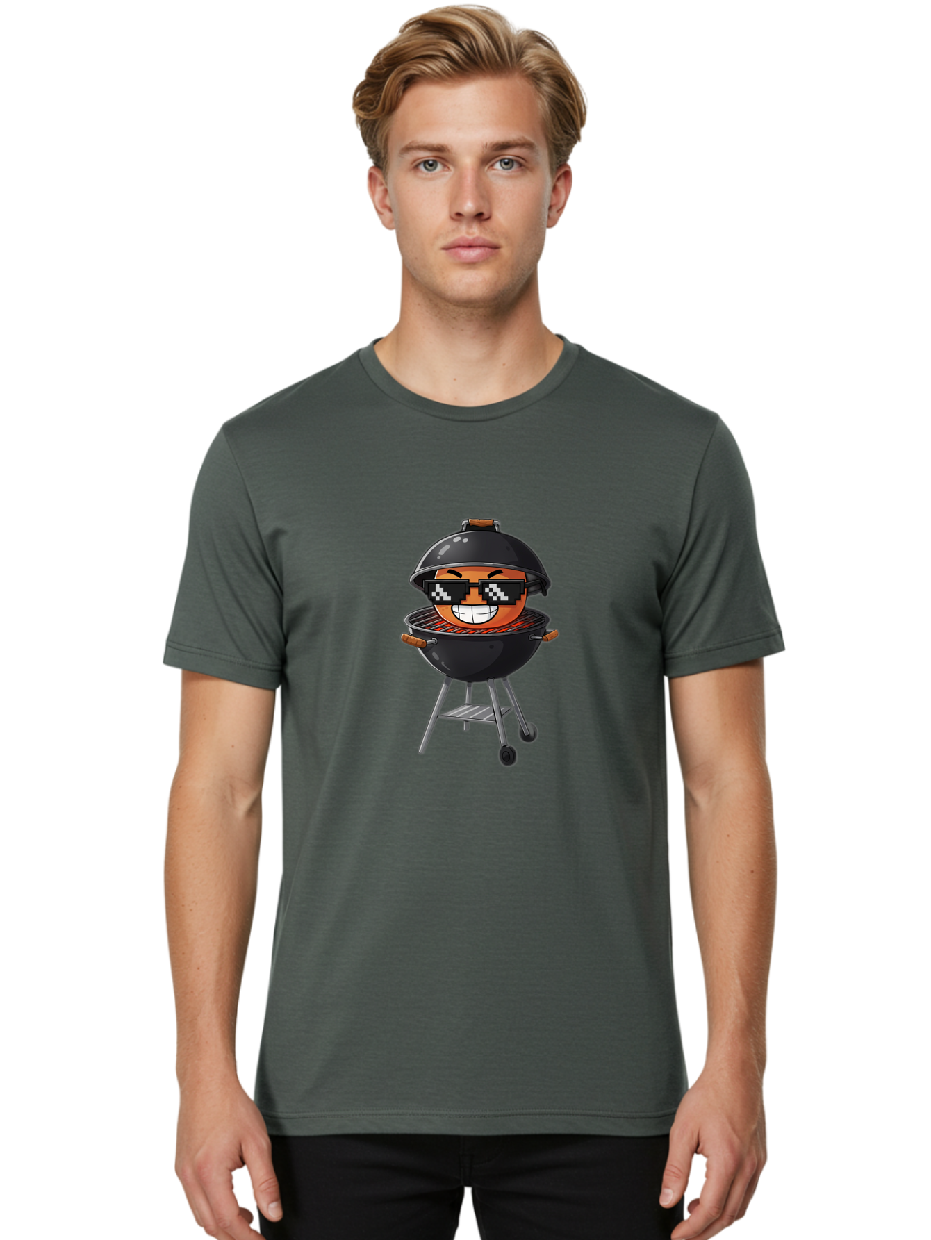 Grill-Emoji Men'S Graphic Tee, 100% Cotton, Comfortable Casual Summer Wear, Machine Washable, Burger In Barbecue Grill, Cool Burger, Grill Master, Barbecue Party, Funny Cartoon, Pixelated Sunglasses, Happy Burger, Grill Scene, Summer Vibe, Bac009